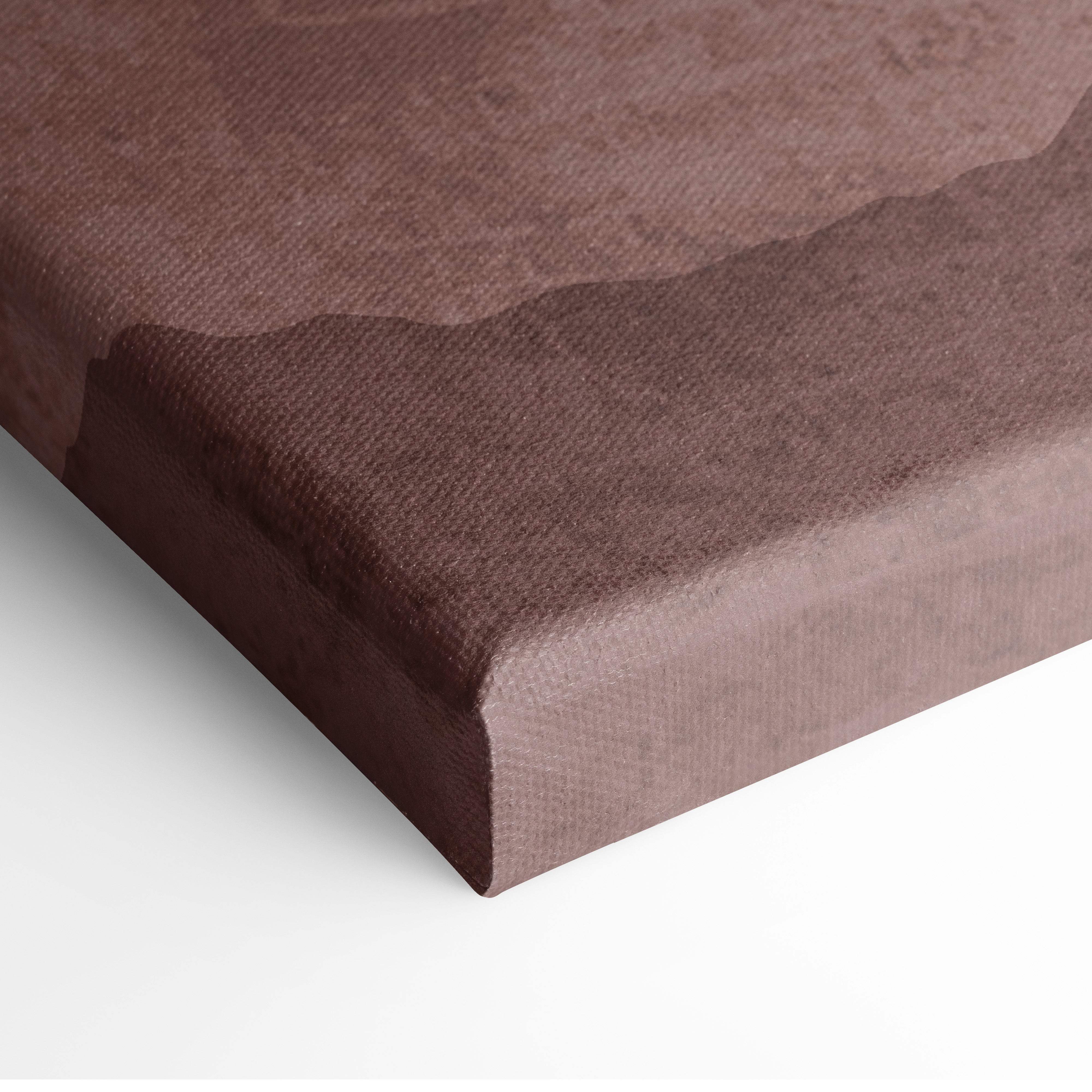 Boho desert mountain canvas art with warm earth tones textured brown fabric surface and visible weave pattern