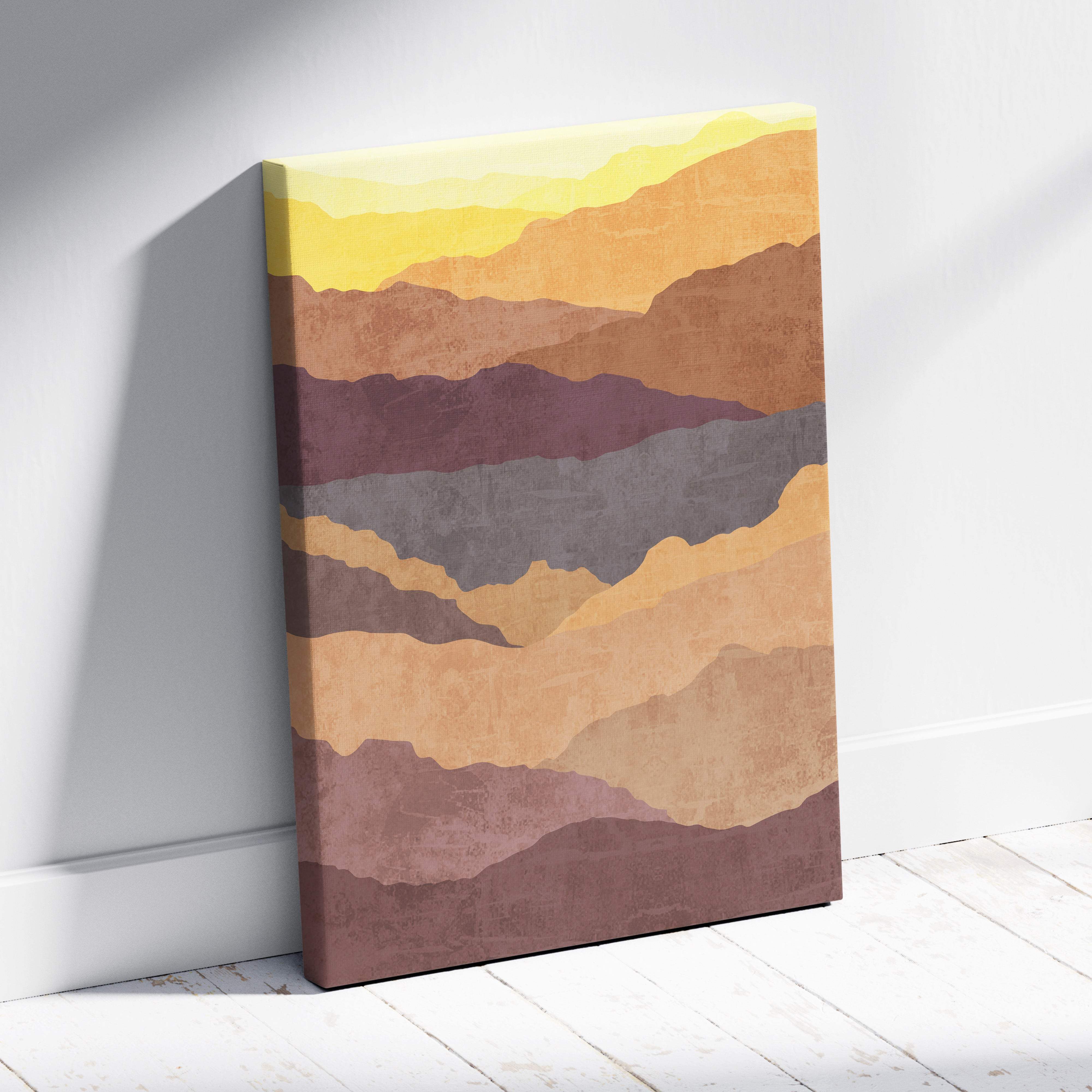 Boho desert mountain canvas art featuring a textured abstract landscape with layered yellow orange purple and gray hues