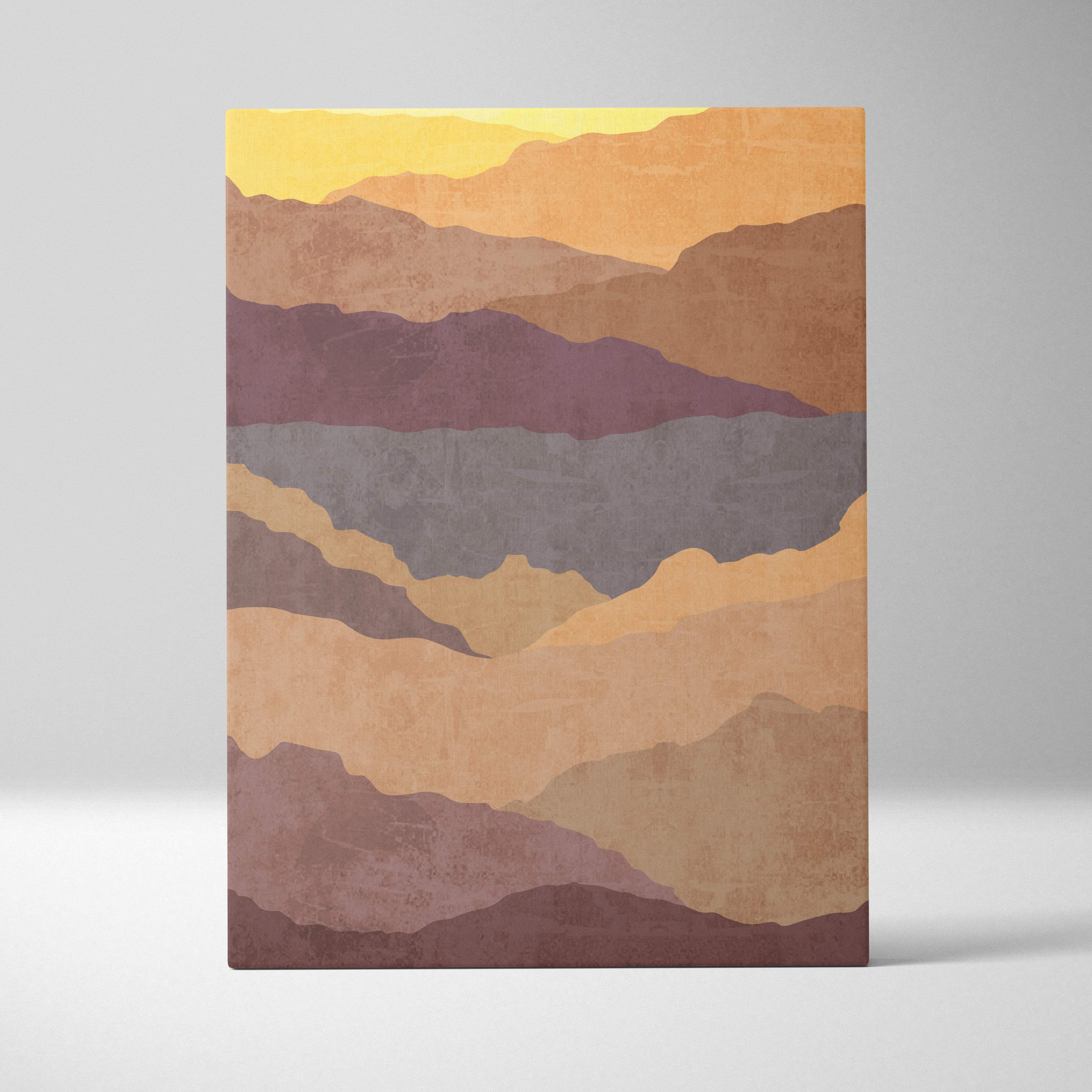 Boho desert mountain canvas art featuring a stylized mountain range in warm ochre mauve and gray tones under a golden sky