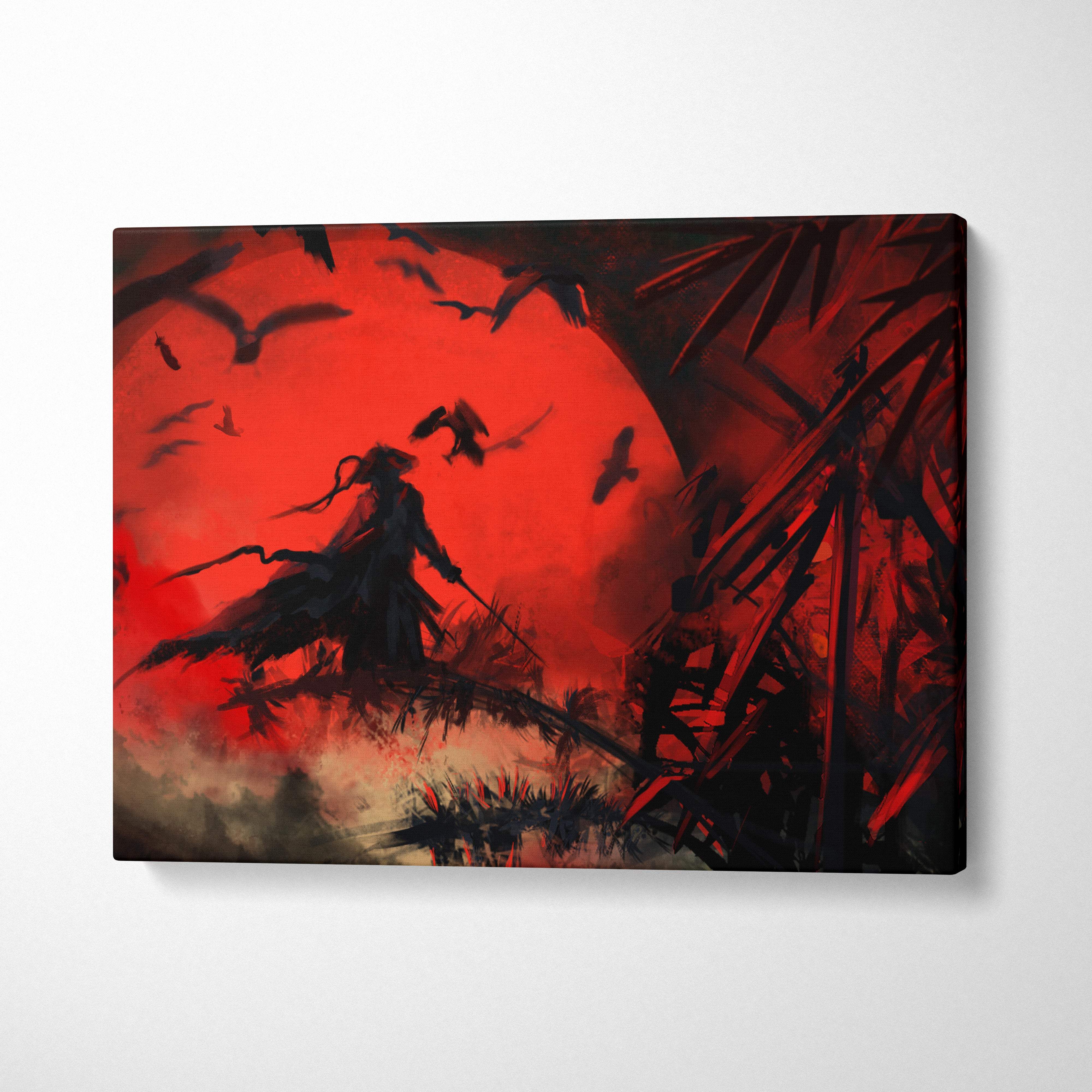 Red moon warrior canvas print featuring a black samurai silhouette with crows and bamboo in dark gothic style