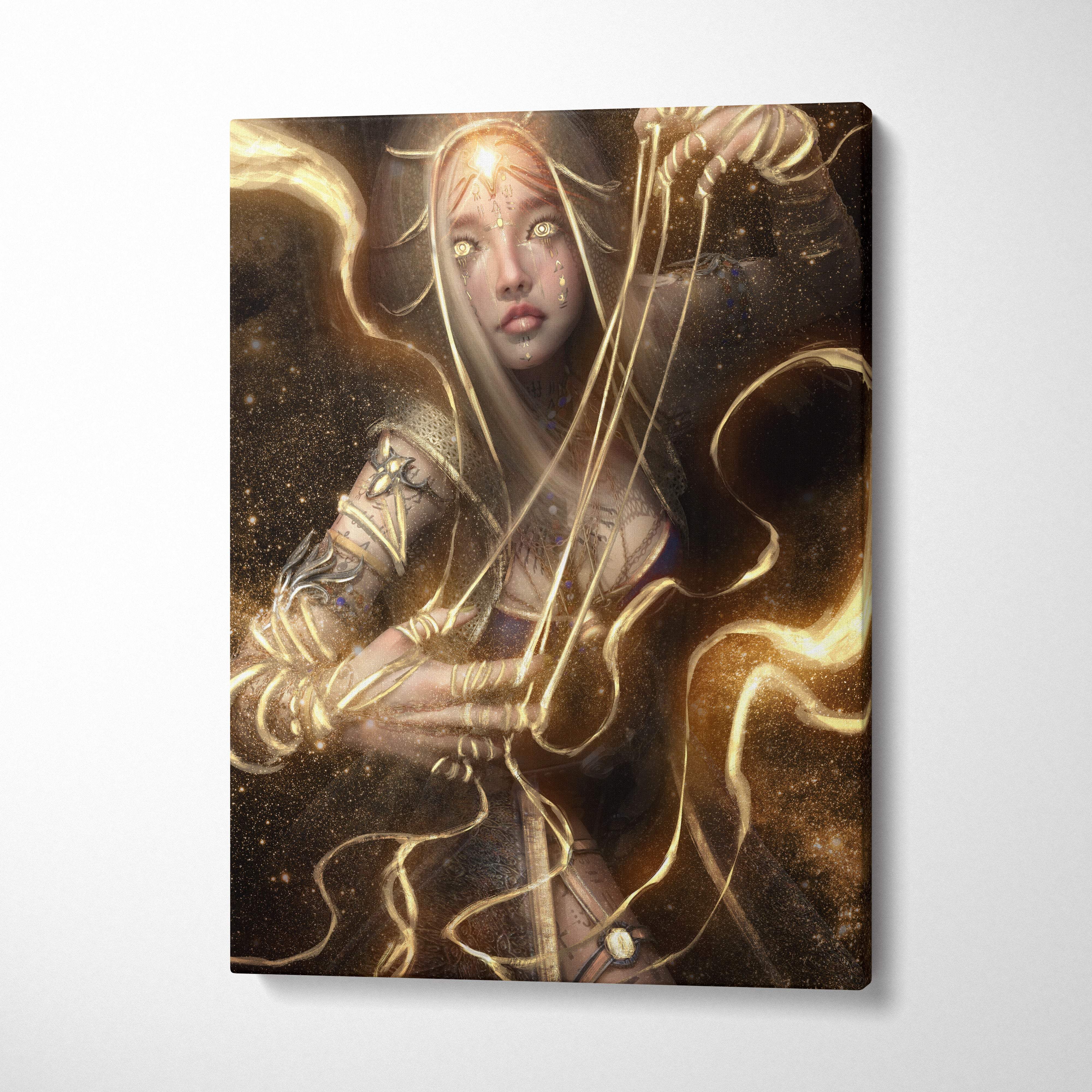 Ethereal golden oracle canvas wall art showing a fantasy woman with glowing golden hair and armor on a dark cosmic background