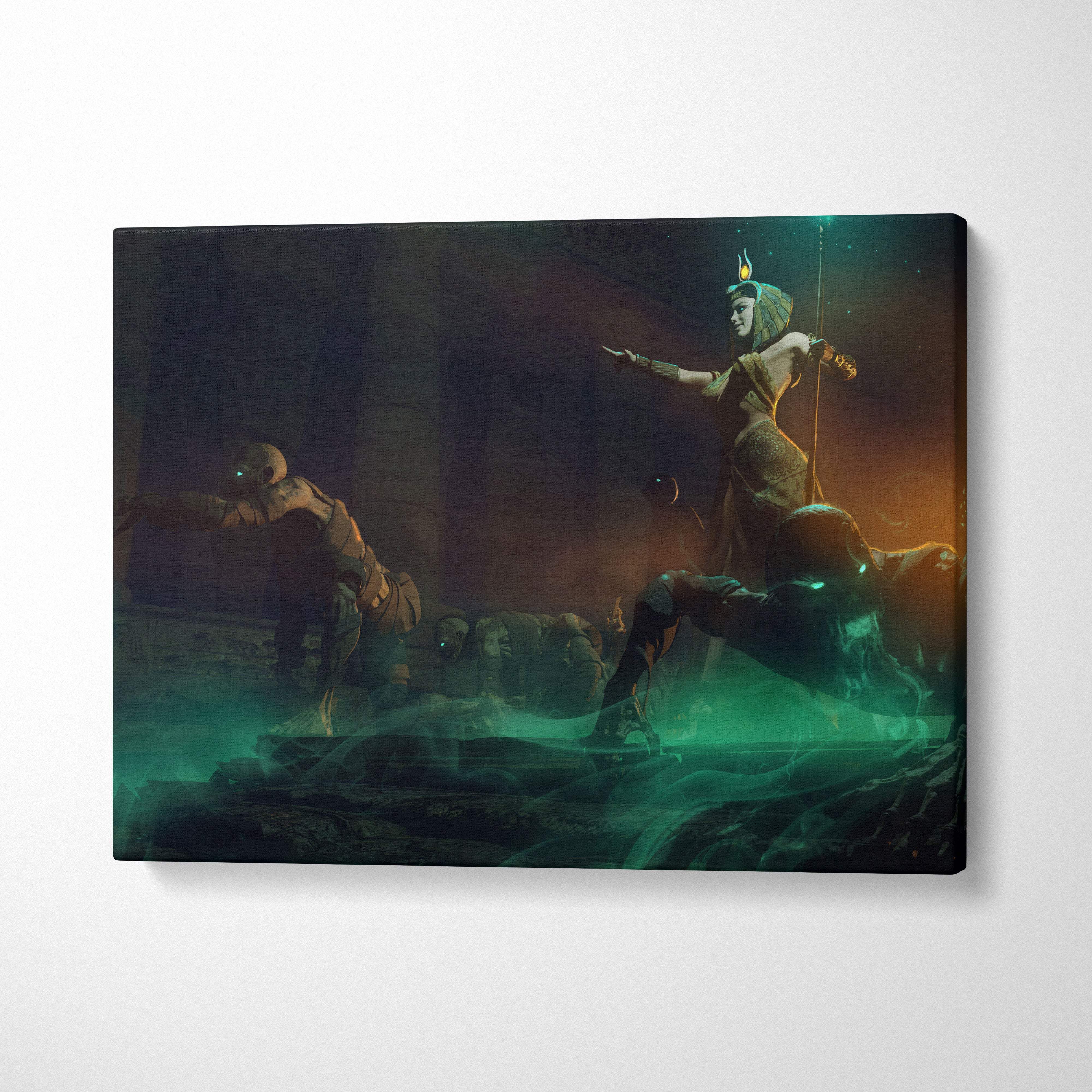 Canvas print featuring an ancient Egyptian sorceress in golden armor with emerald glow and shadowy mummies decor