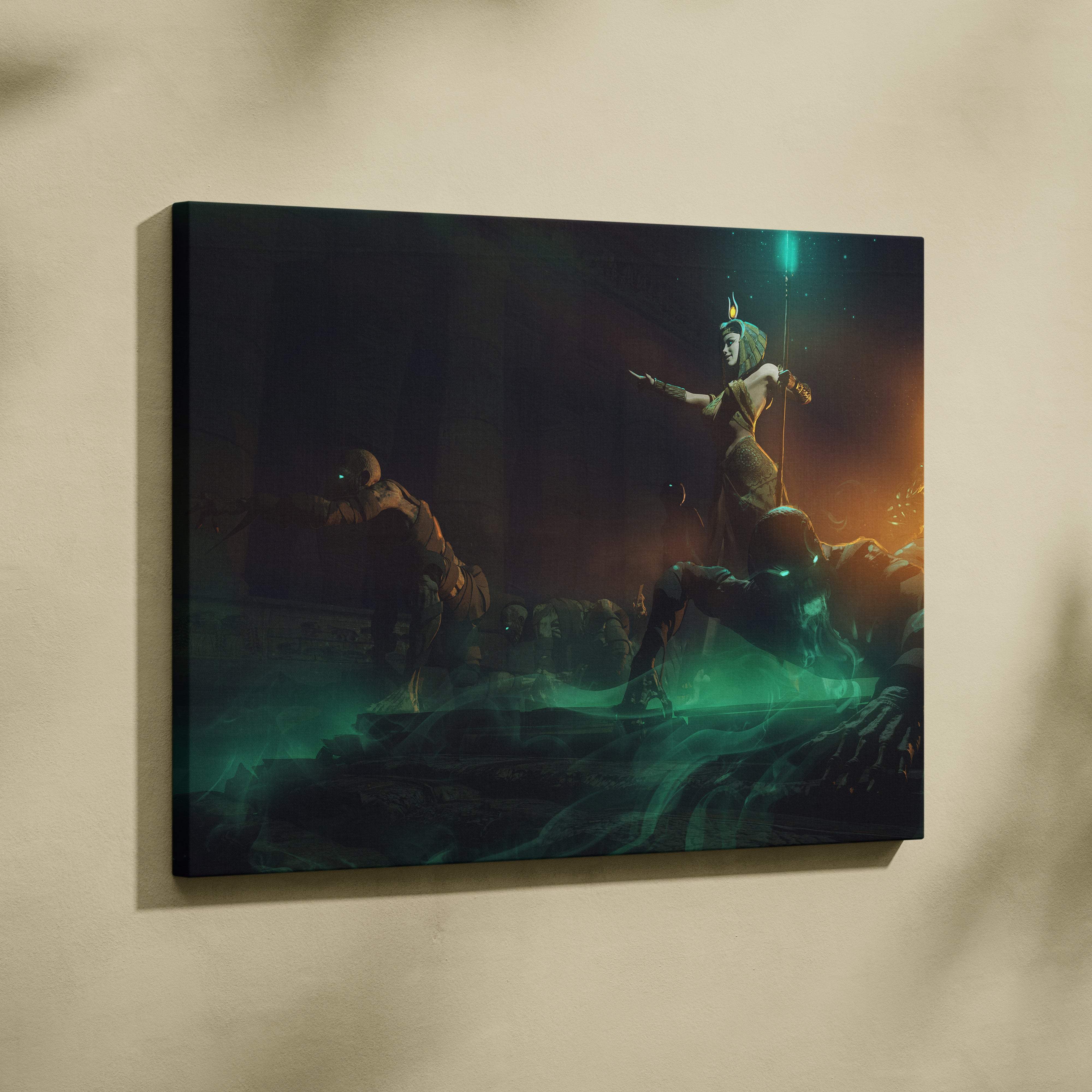 Dark canvas print of ancient egyptian sorceress with glowing teal and orange lighting in a fantasy scene