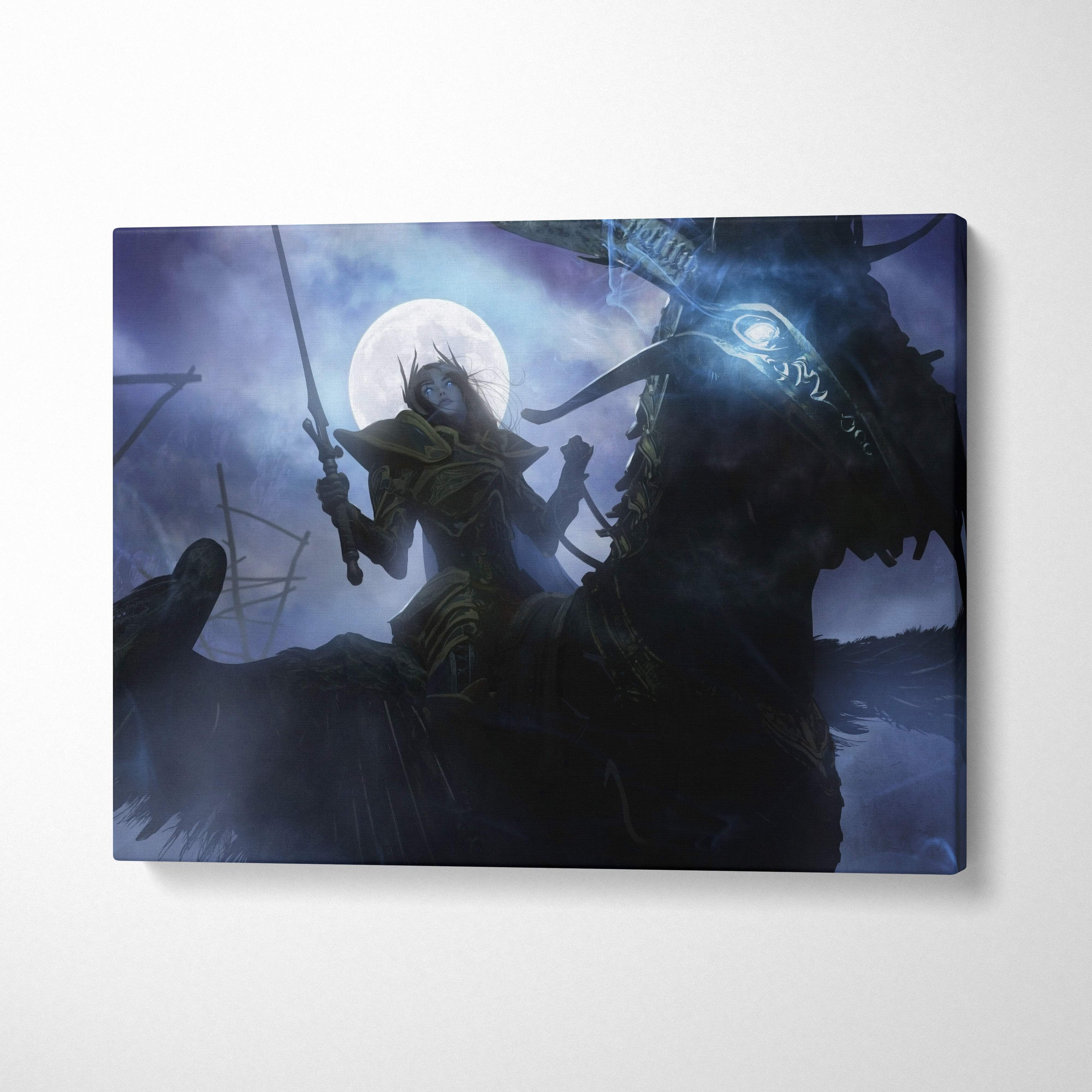 Dark fantasy valkyrie rider canvas wall art with golden armored warrior and winged beast under a full moon