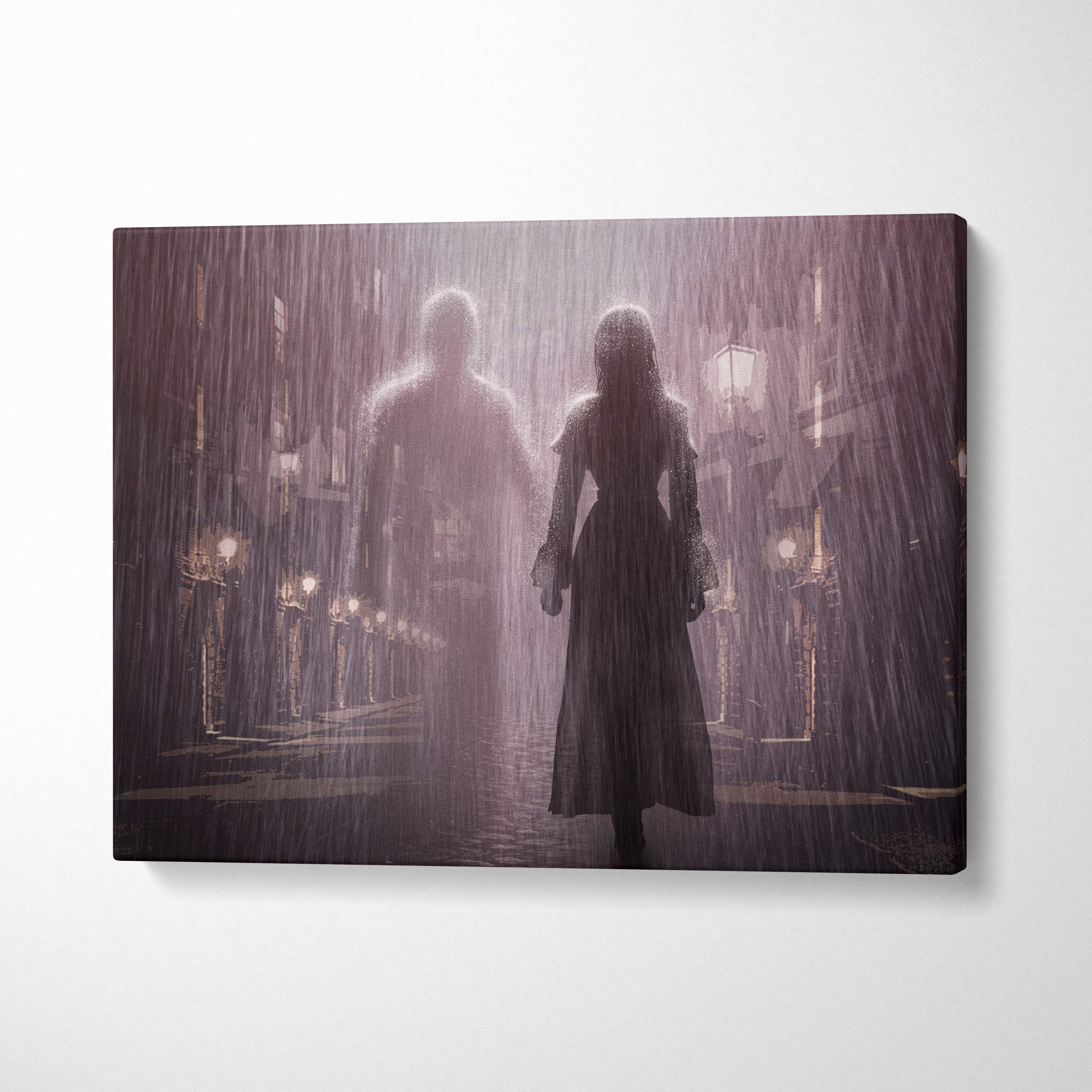 Moody rainy night ghost canvas wall art featuring silhouetted figures under glowing lanterns in sepia tones