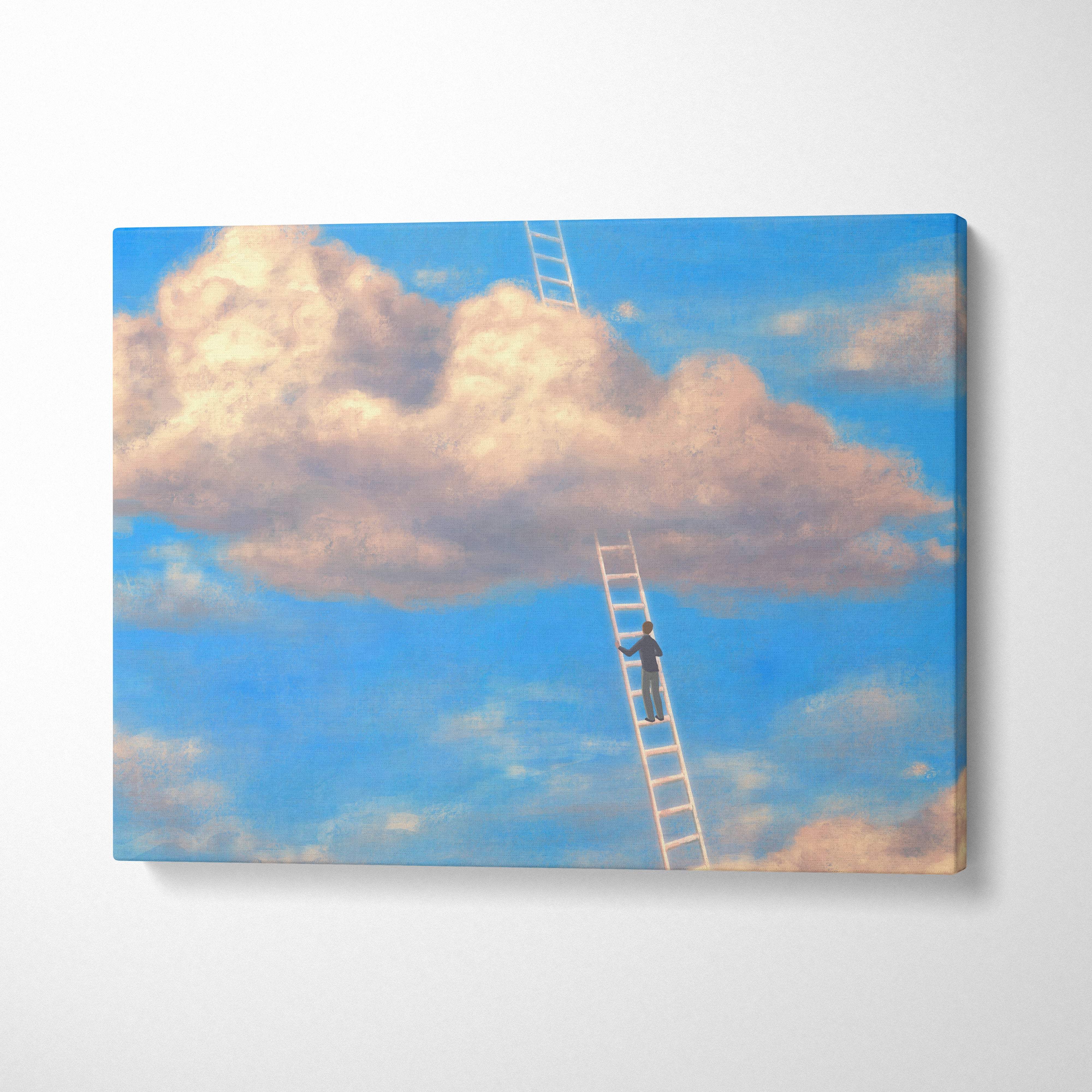 Contemporary canvas wall art showing a man in dark attire climbing a white ladder toward clouds on blue sky background