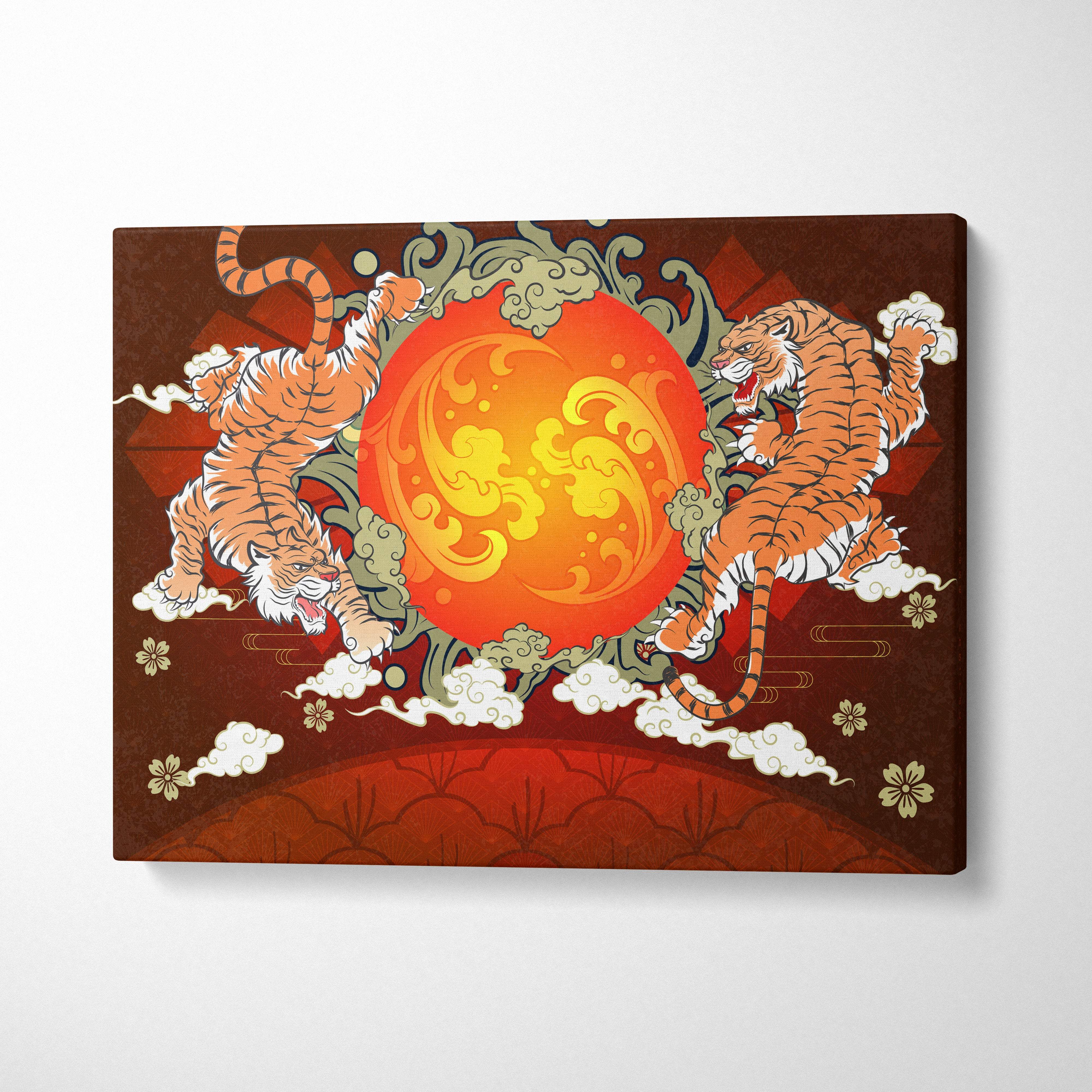 A vibrant twin tigers sun canvas wall art with orange brown Japanese pattern and bold Asian animal decor