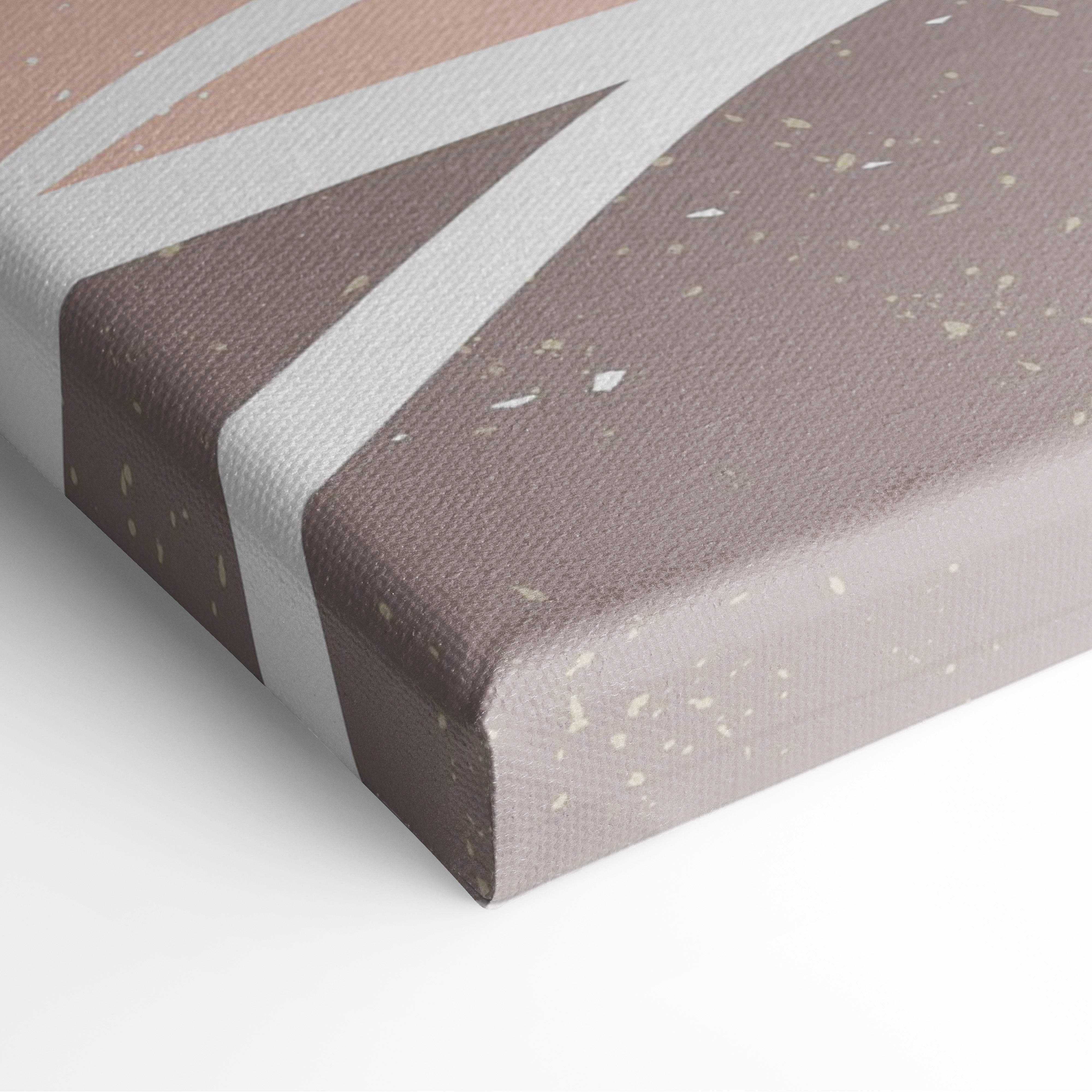 A modern abstract canvas wall art featuring geometric shapes in muted brown rose gold and silver tones with a textured finish