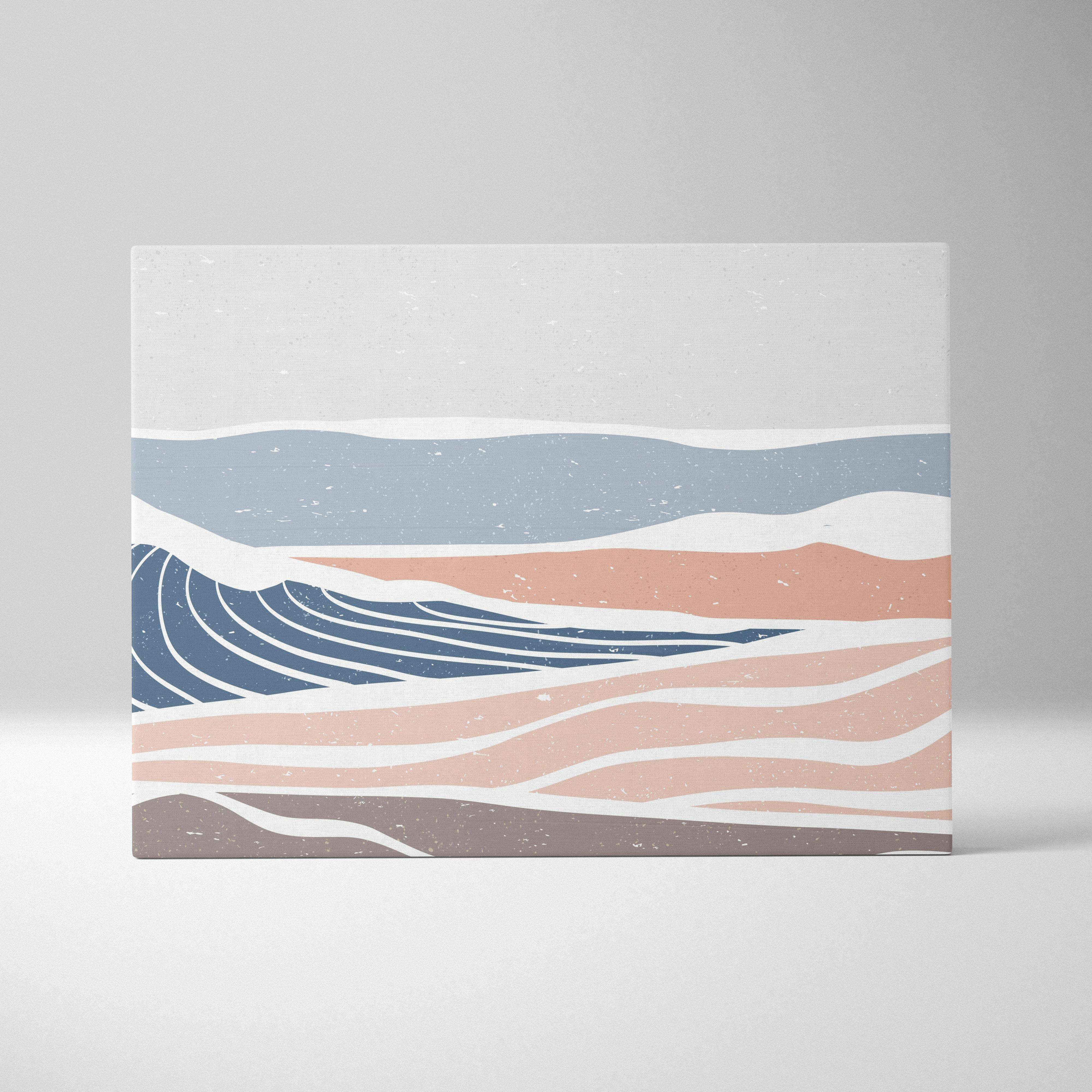 Boho coastal wave canvas wall art with layered wavy bands in blue sand and terracotta for modern beach decor