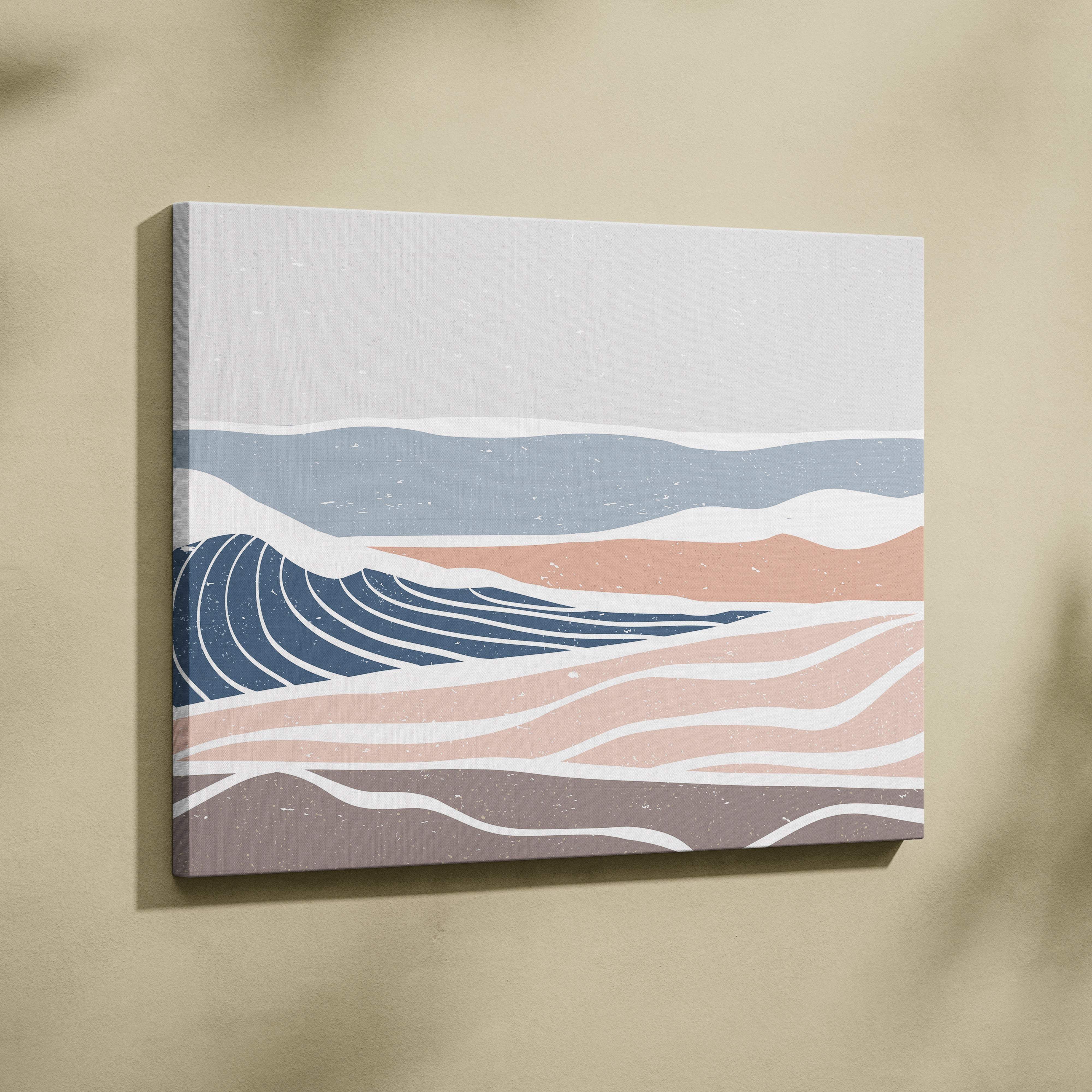 Boho coastal wave canvas wall art with abstract layered waves in neutral blue sand and terracotta for modern beach decor