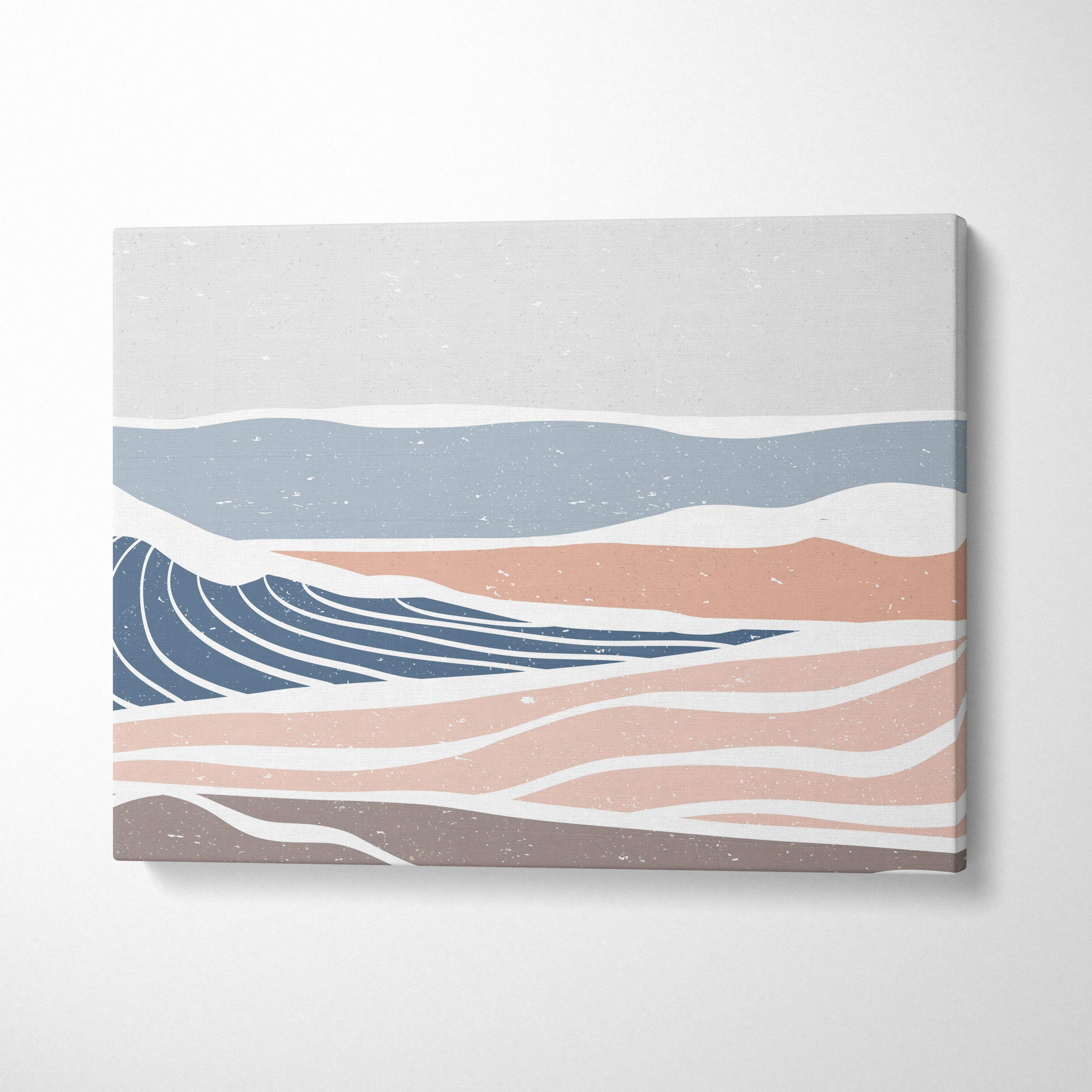 Boho coastal wave canvas wall art with minimalist layered waves in blue sand and terracotta for beach house decor