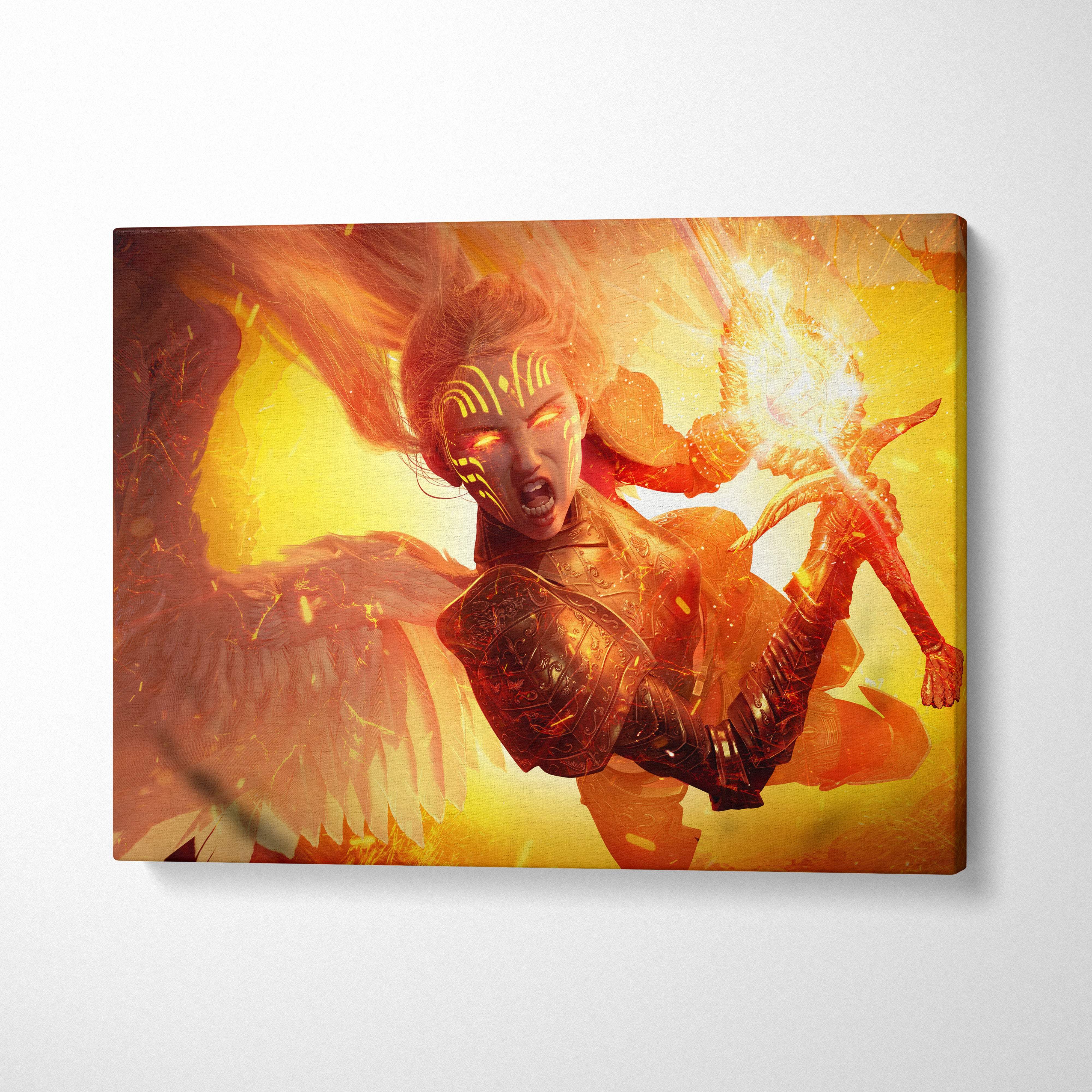 Fiery angel warrior canvas wall art featuring vibrant orange and gold glowing wings and ornate armor on stretched canvas