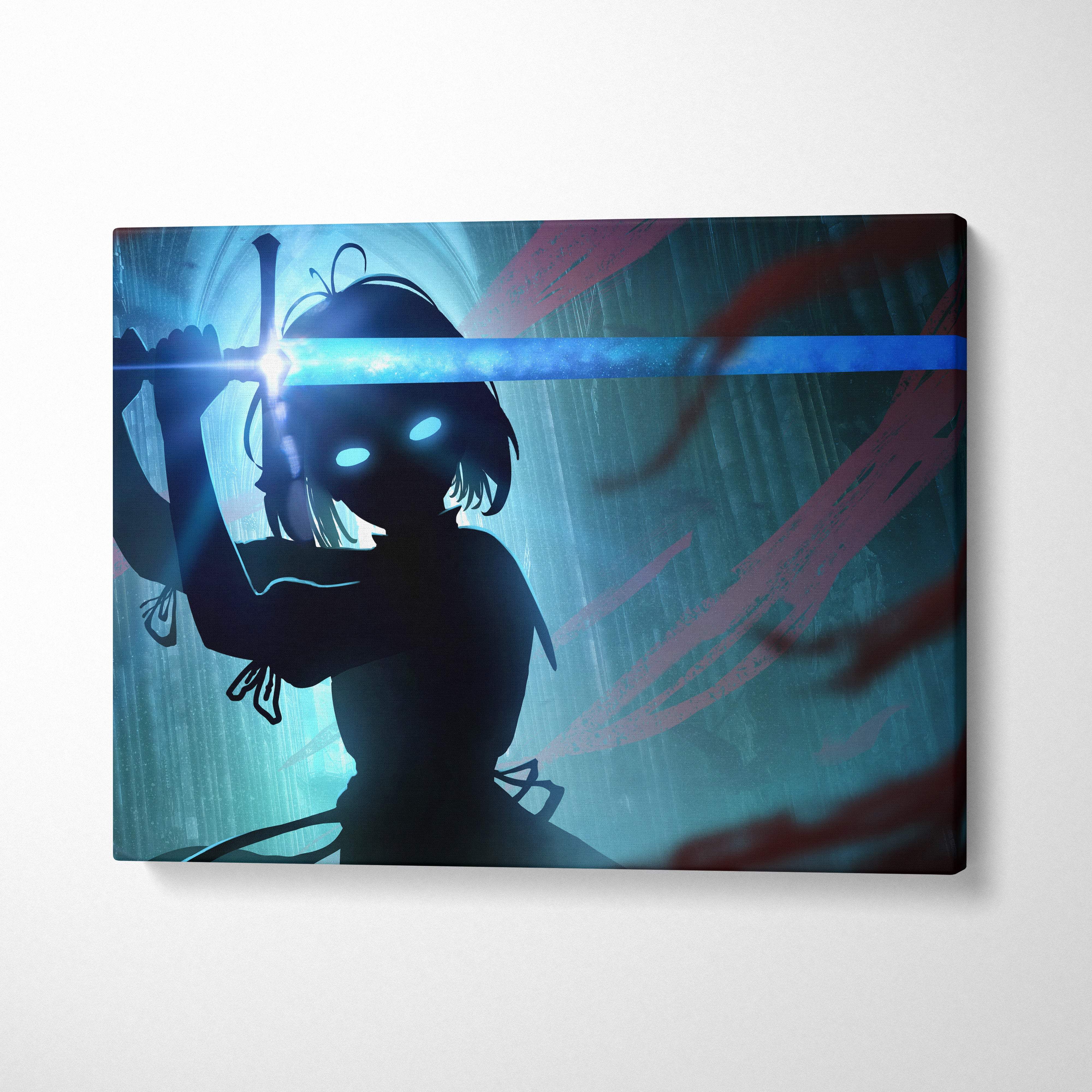 Dark fantasy sword wielder canvas wall art featuring an anime-style silhouette with a glowing blue sword in teal and red hues