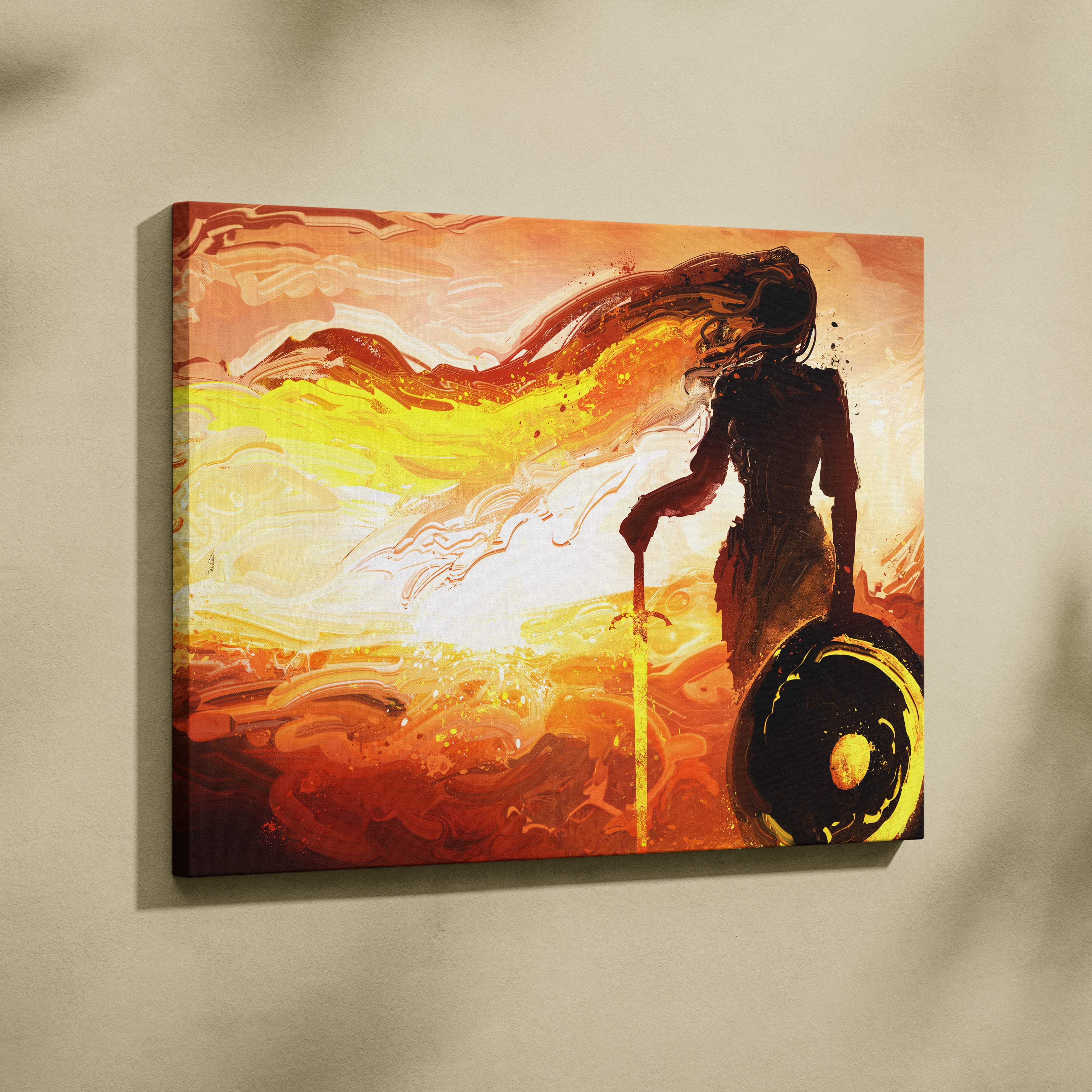 A vibrant abstract warrior woman canvas print with fiery orange and gold silhouette in modern fluid art style
