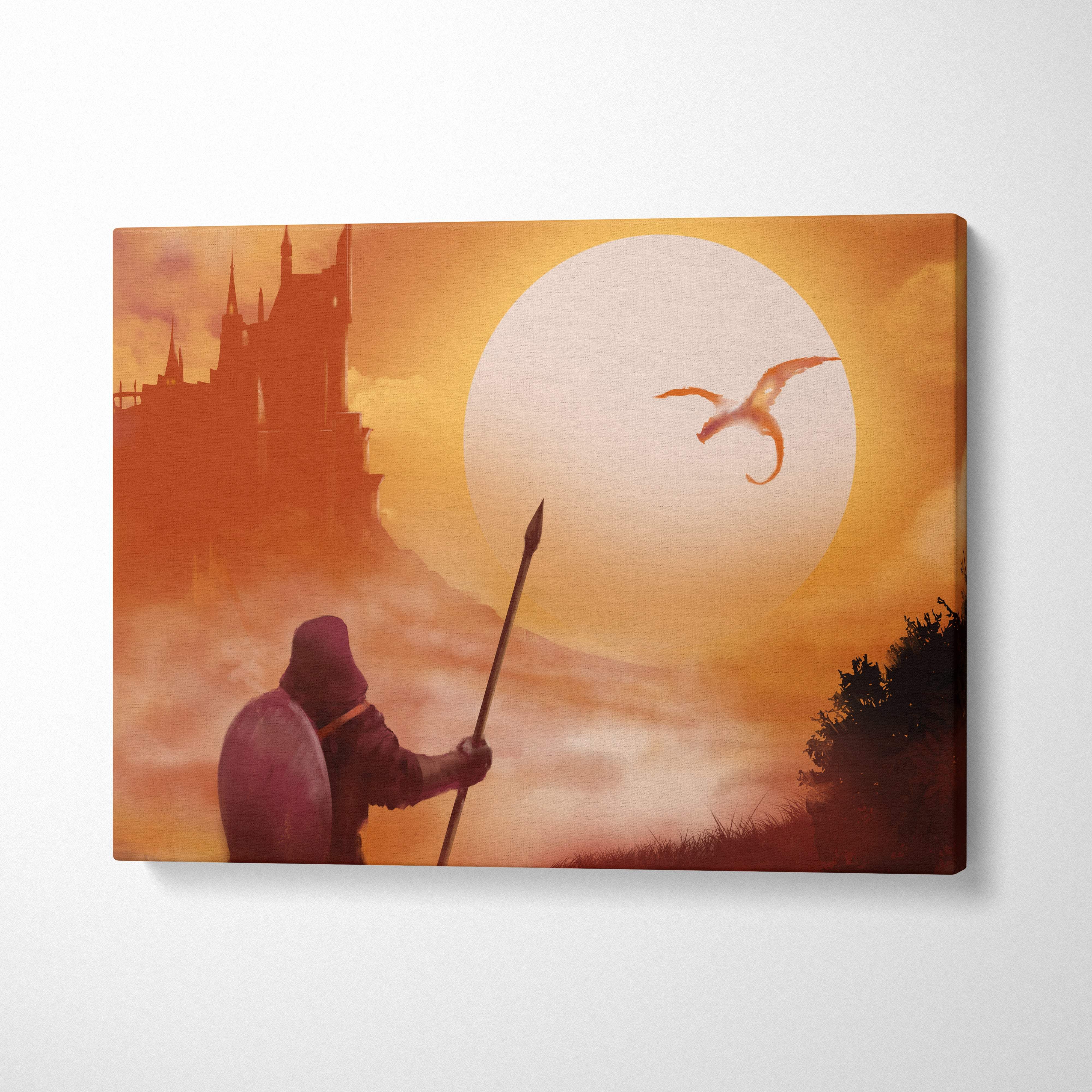 Orange-toned fantasy dragon castle canvas print featuring a knight with shield and spear against a sunset castle silhouette