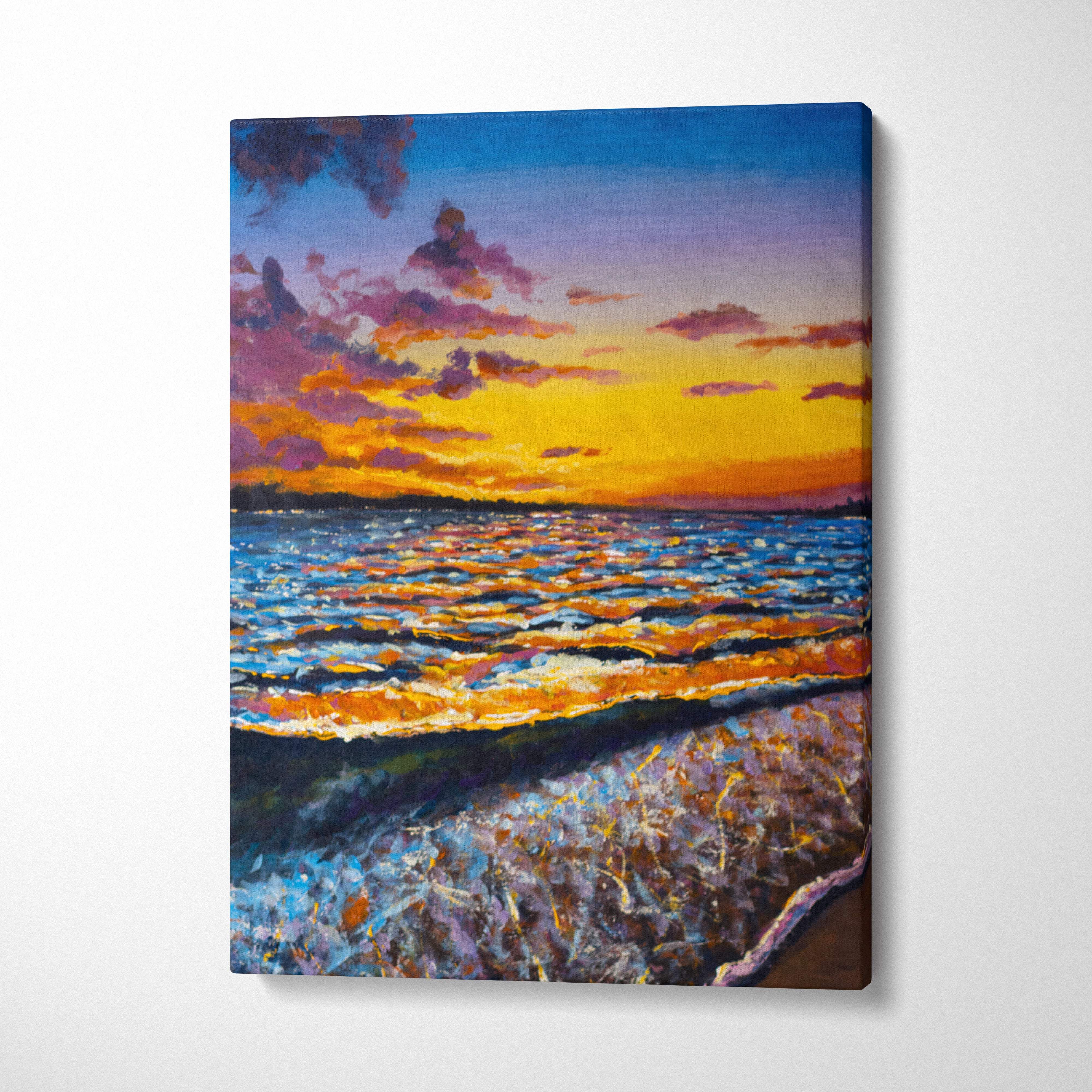 Ocean sunset waves canvas print with vibrant purple orange blue gradient sky and textured oil painting brushstrokes