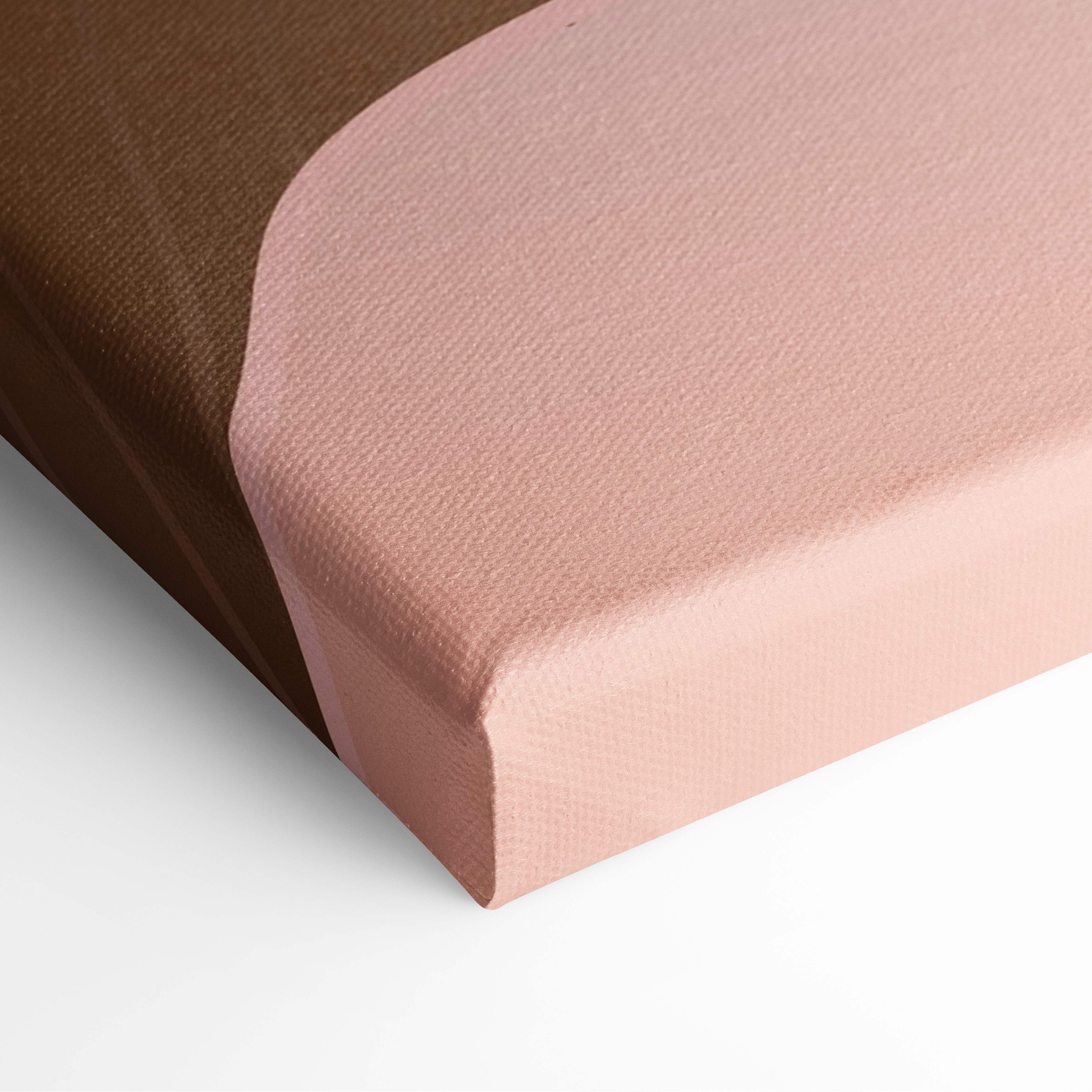 A blush pink canvas wall art with textured surface and brown backing in boho desert sunset style for living room decor