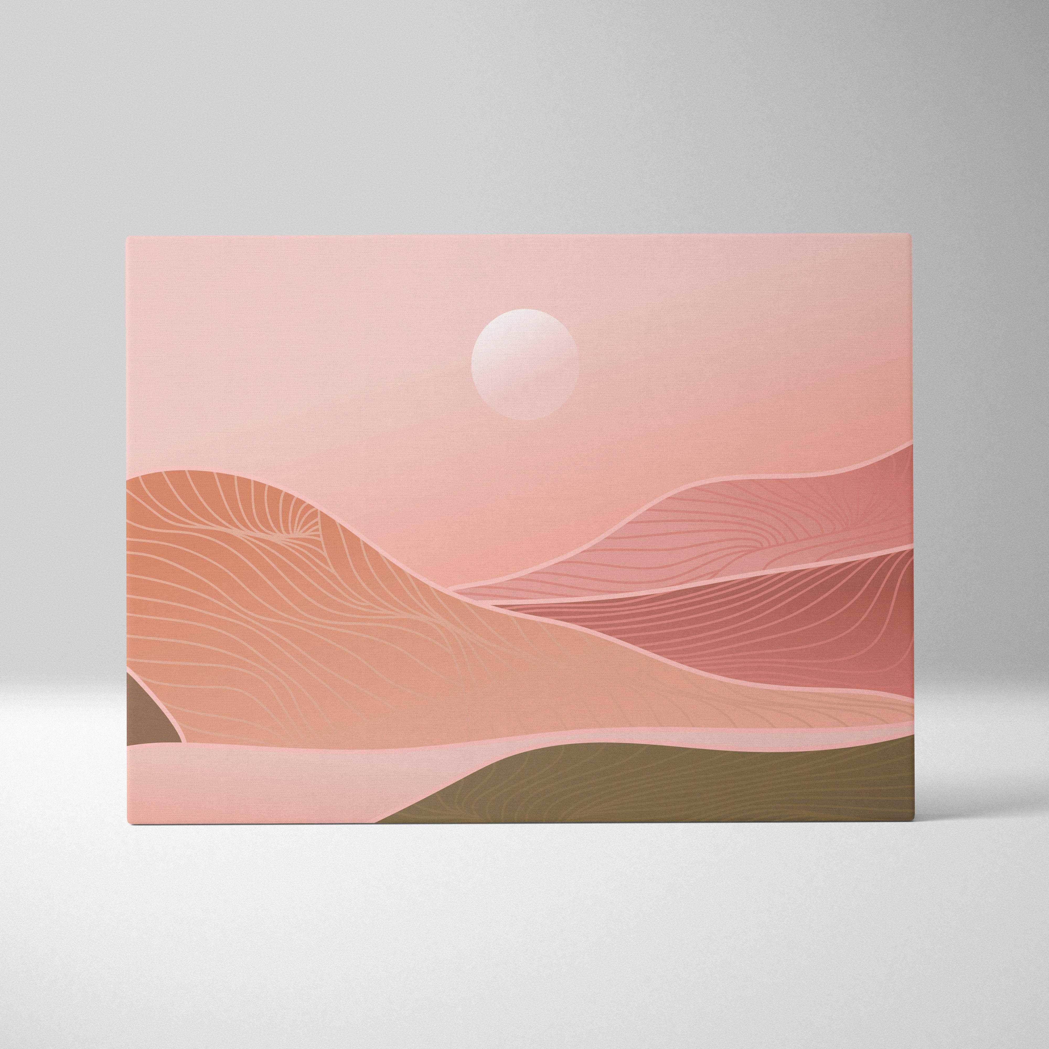 Boho desert sunset canvas wall art with minimalist abstract landscape in blush pink terracotta and earth tones on gray background