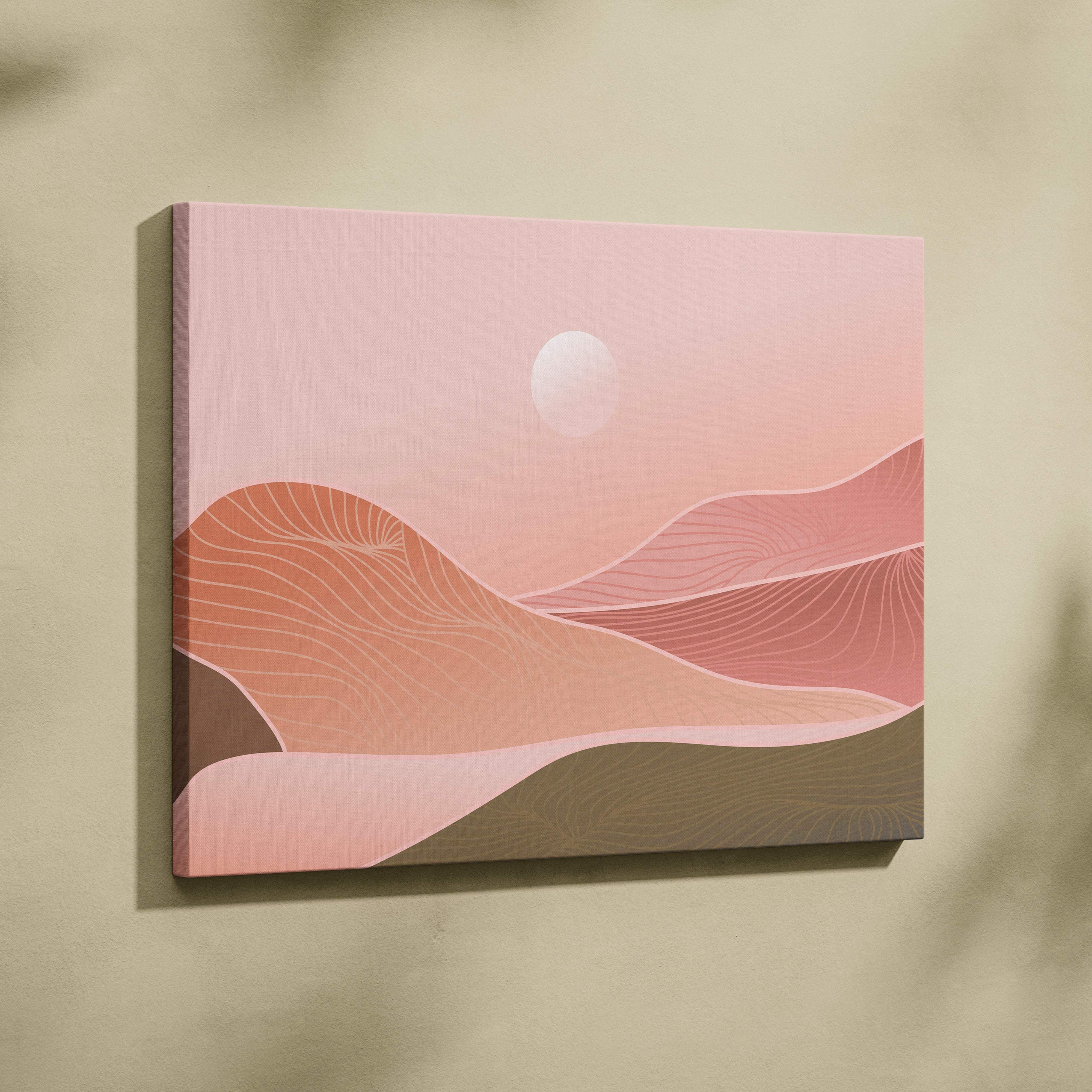 Boho desert sunset canvas wall art featuring abstract layered desert dunes in blush pink terracotta and earth tones