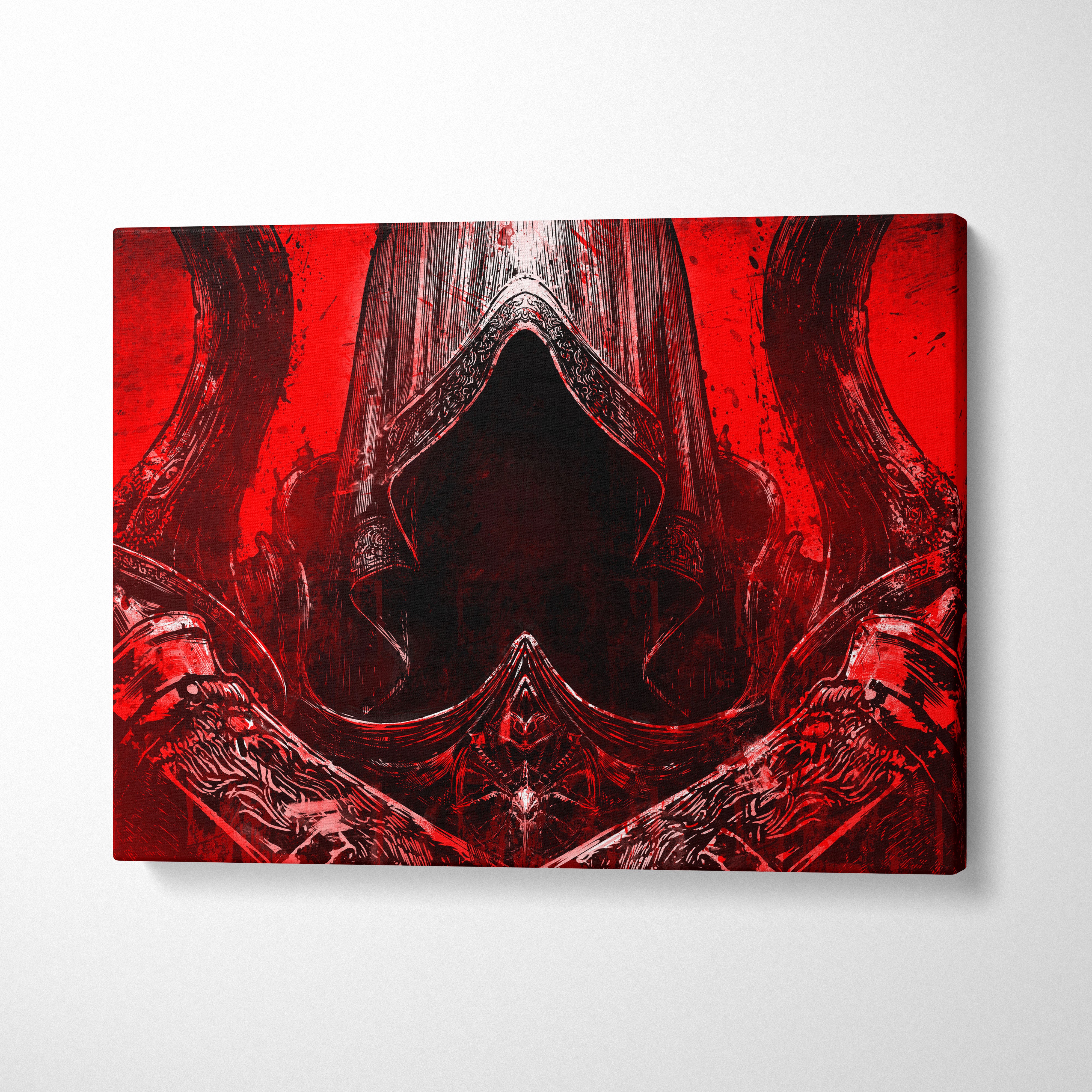 Red canvas print of crimson hooded assassin with ornate armor and horns on vivid red grunge background wall art decor