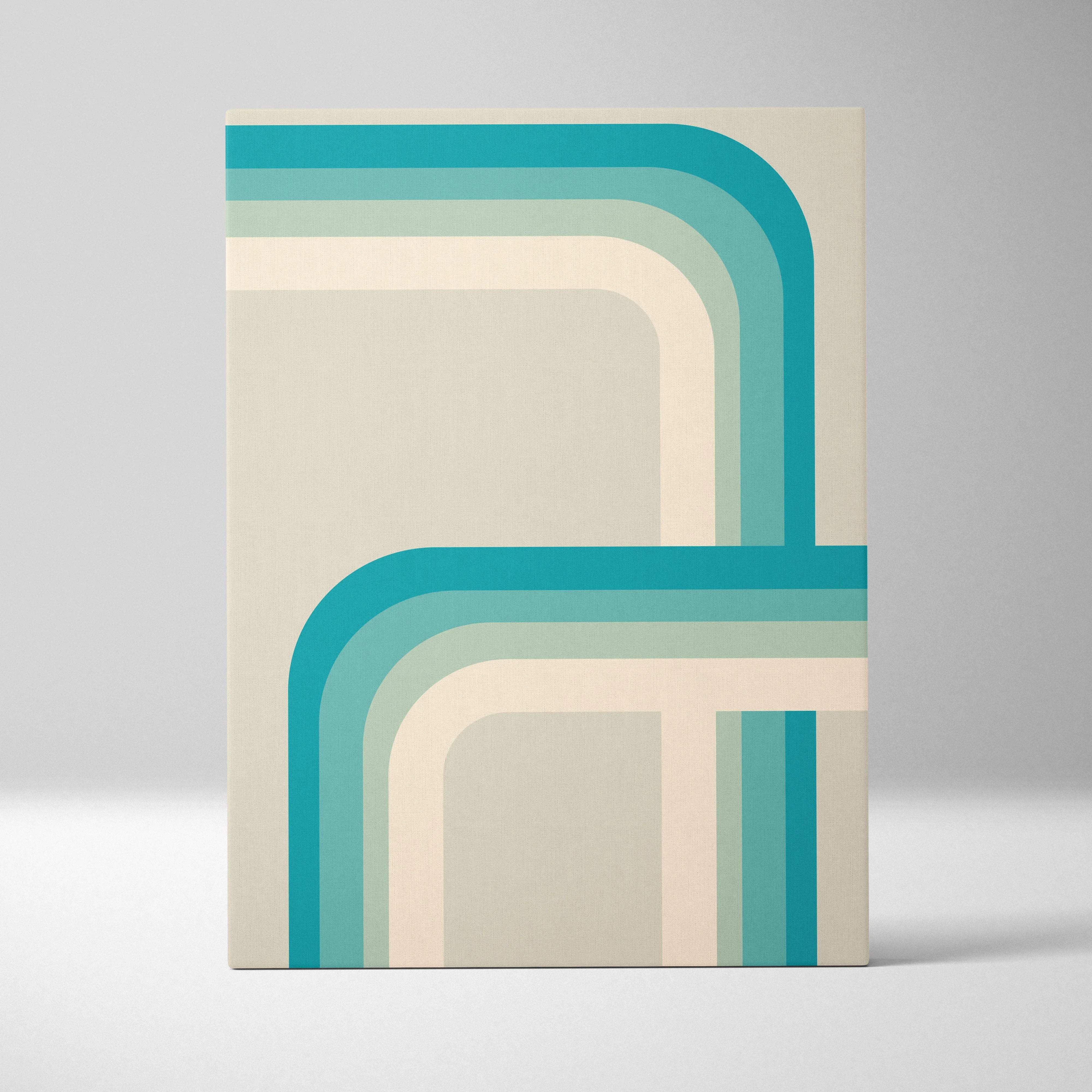 Retro geometric stripes canvas wall art in teal, sage green, cream, beige