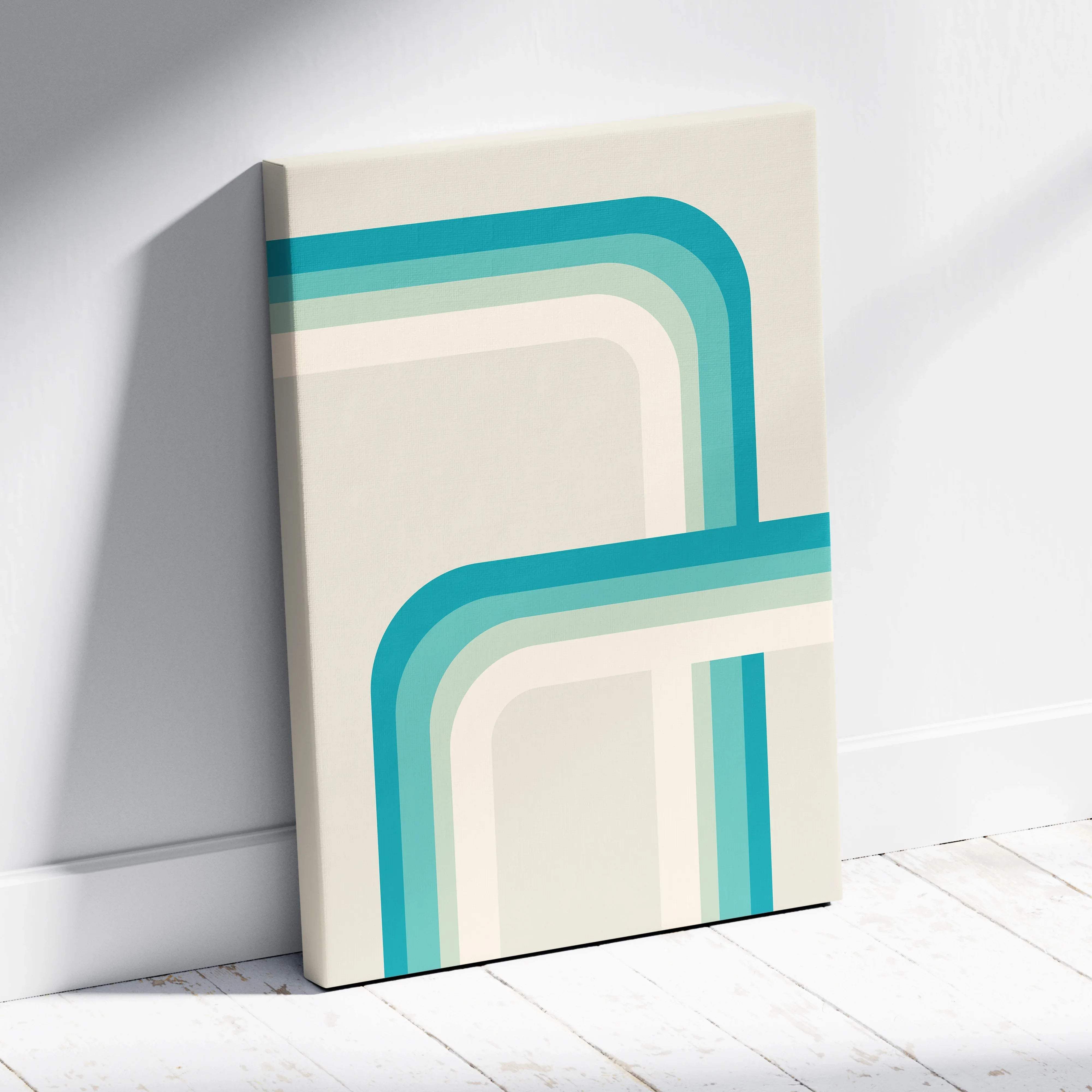 Modern retro geometric stripes canvas wall art in teal sage cream beige