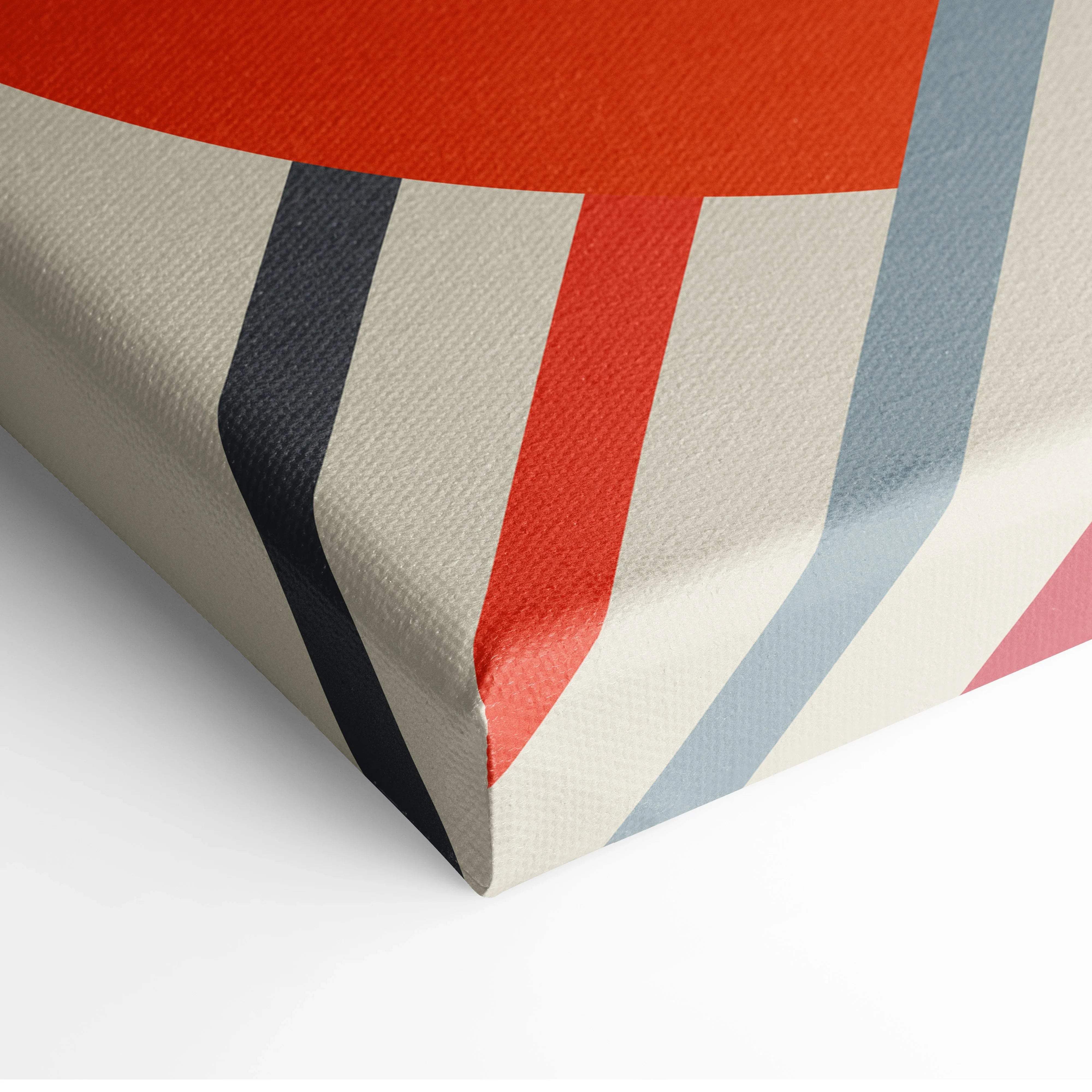 Retro geometric sun minimalist canvas art with bold diagonal red navy gray stripes