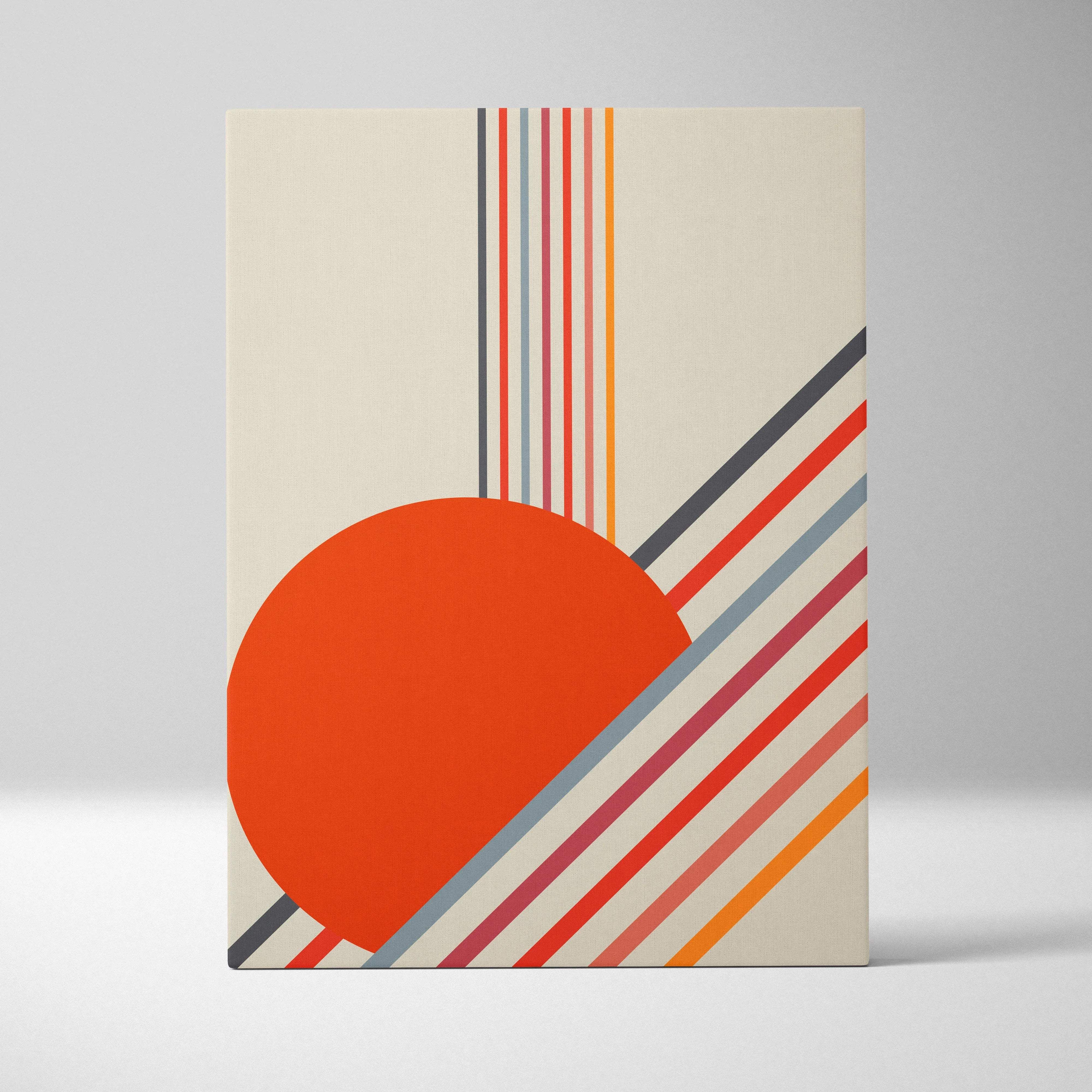 Retro geometric sun minimalist abstract canvas art with bold orange circle and diagonal red gray cream stripes