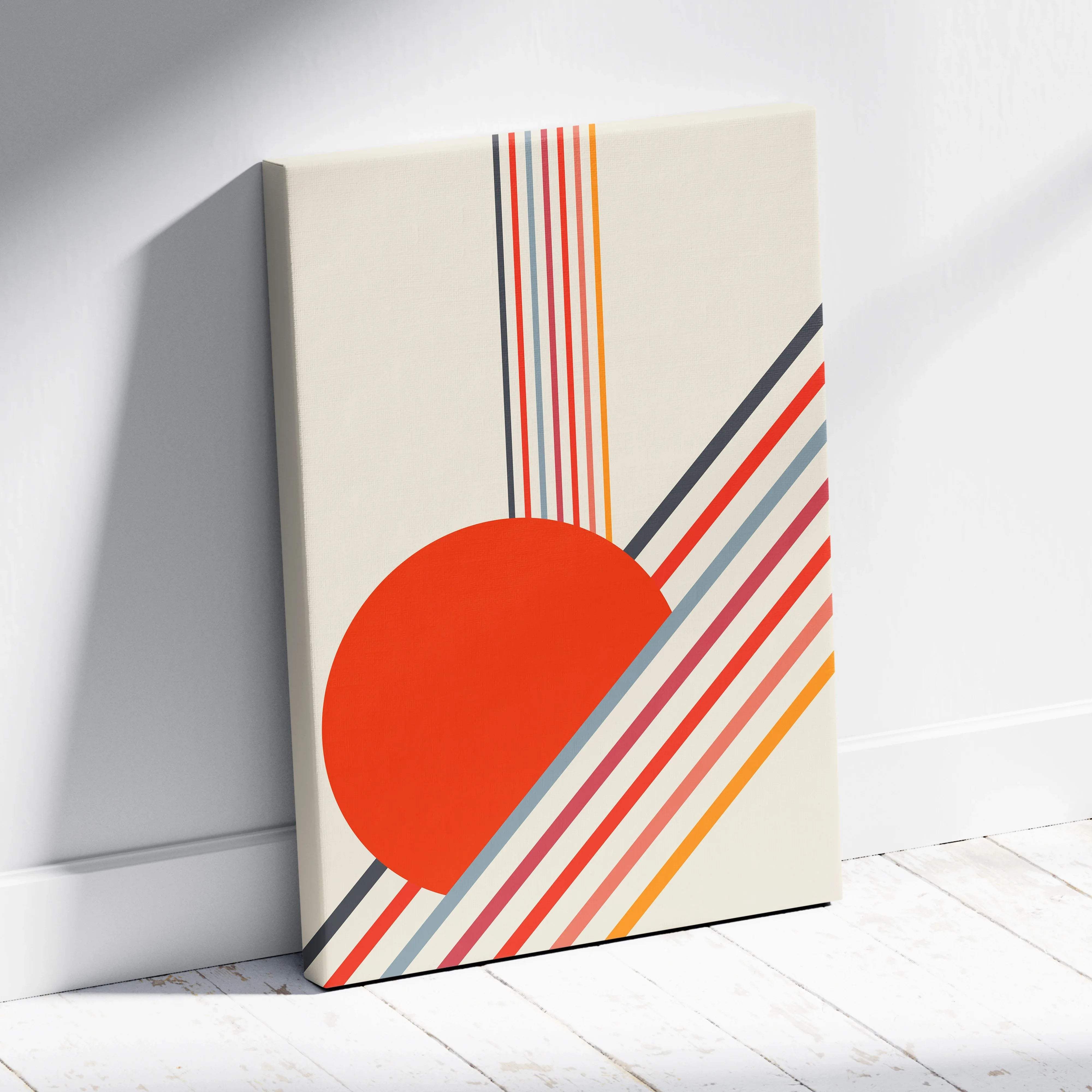 Retro geometric sun minimalist abstract canvas art with bold diagonal stripes in red orange coral neutrals