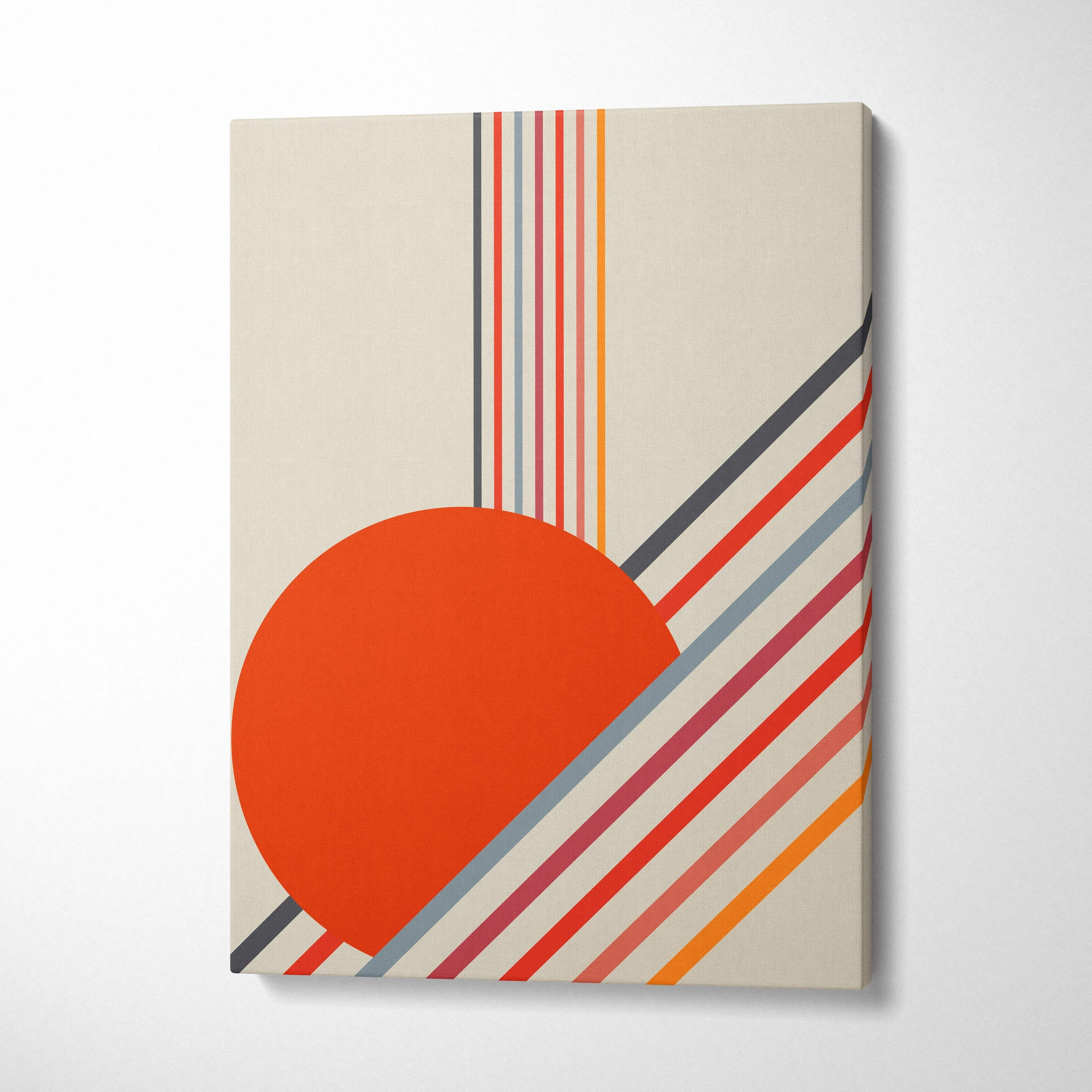 Retro geometric sun minimalist abstract canvas art with bold orange circle and diagonal red gray beige stripes