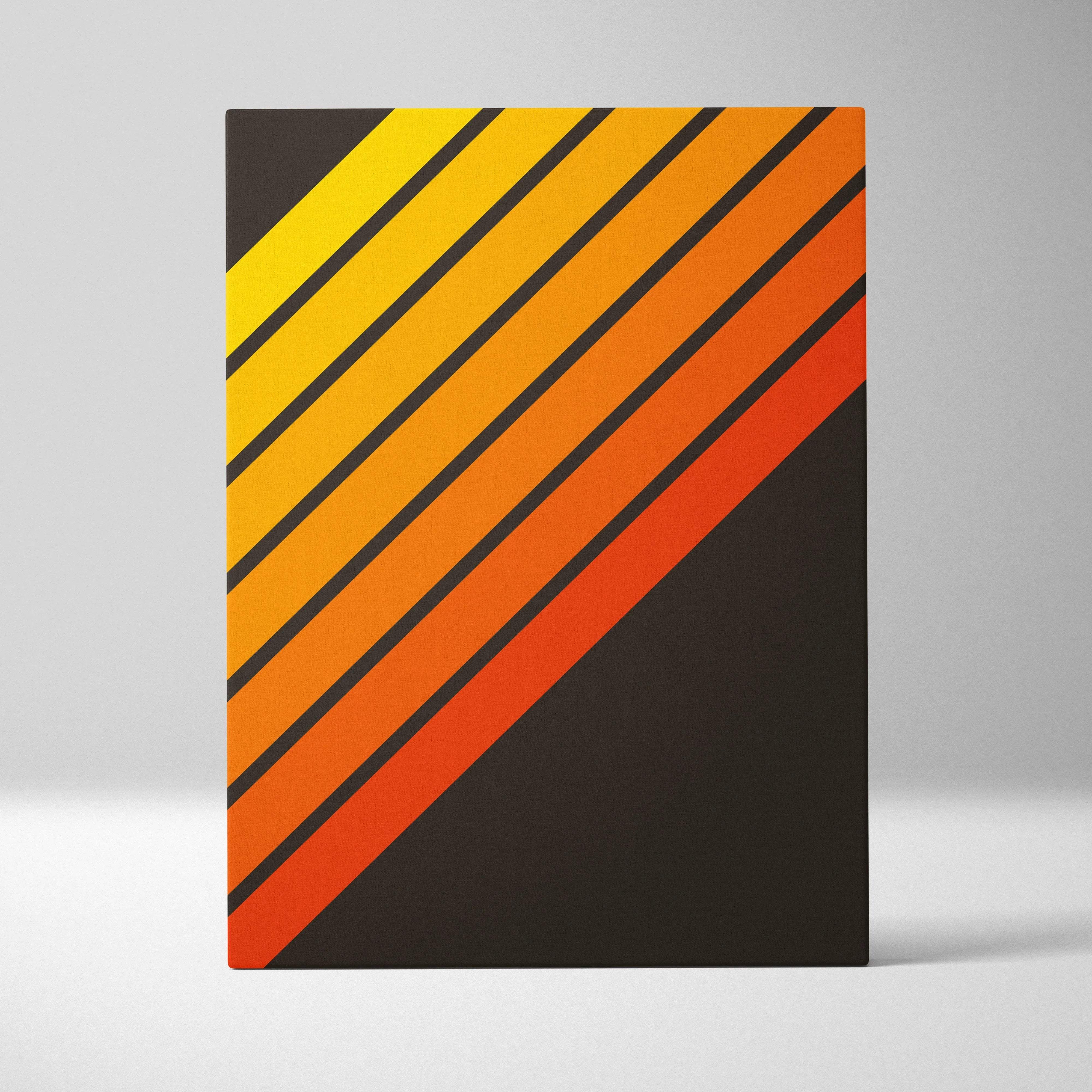 Bold diagonal retro stripes canvas wall art in yellow orange on dark brown