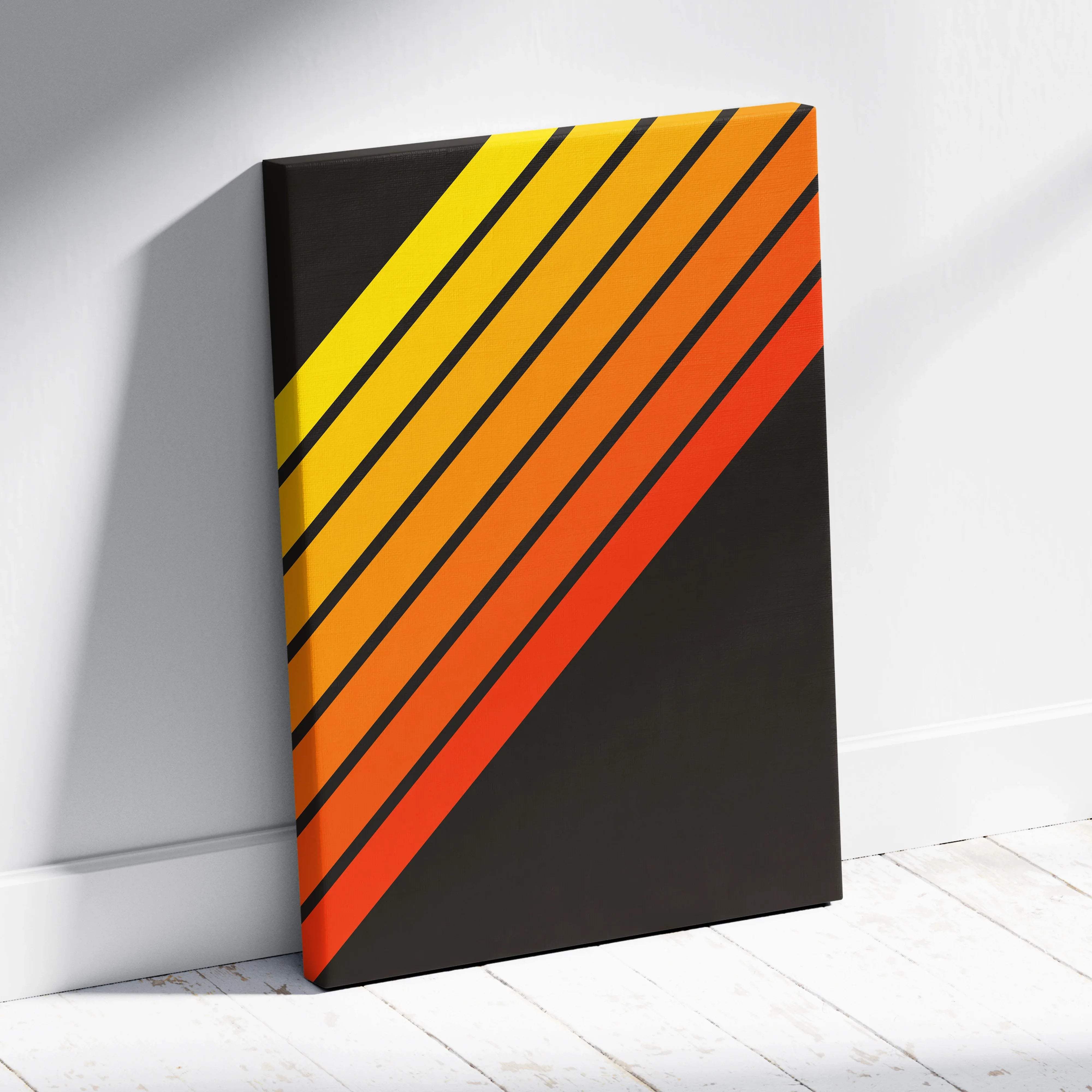 Bold diagonal retro stripes canvas wall art in yellow orange red on dark brown