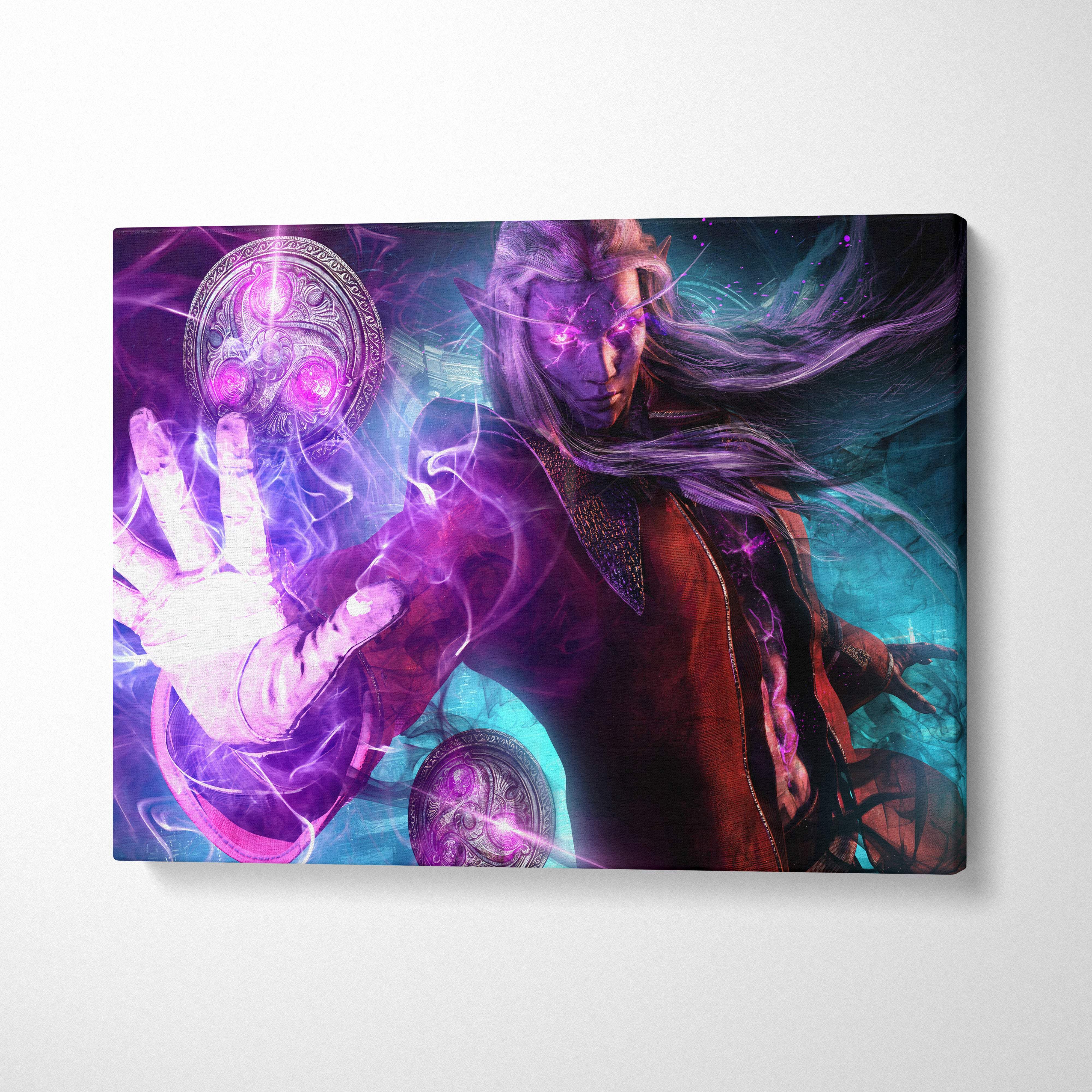 Vibrant arcane dark elf mage canvas art featuring a purple magic sorcerer with glowing eyes and silver hair in red robe