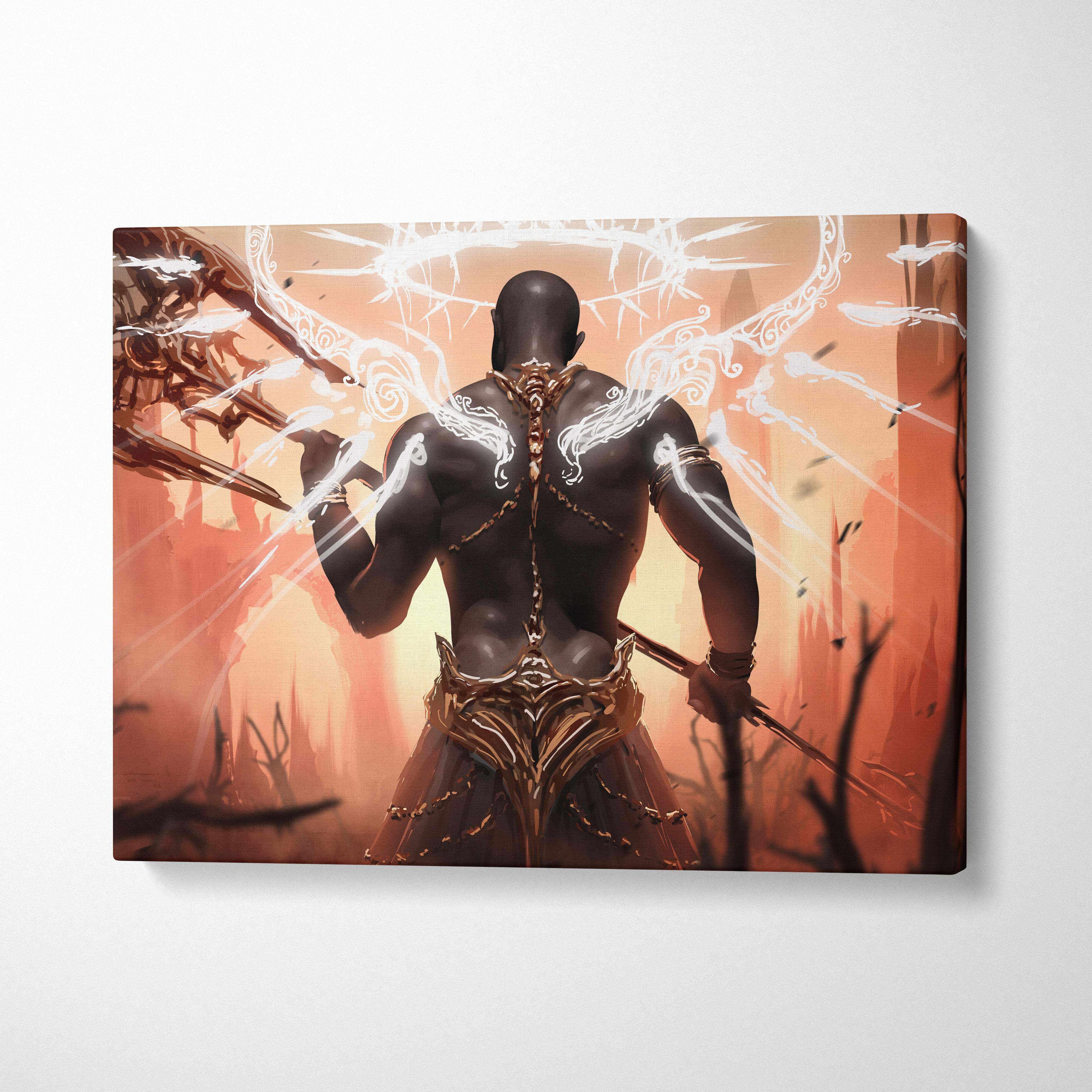 Dark angel warrior canvas wall art featuring a muscular dark-skinned warrior with glowing energy and gold armor