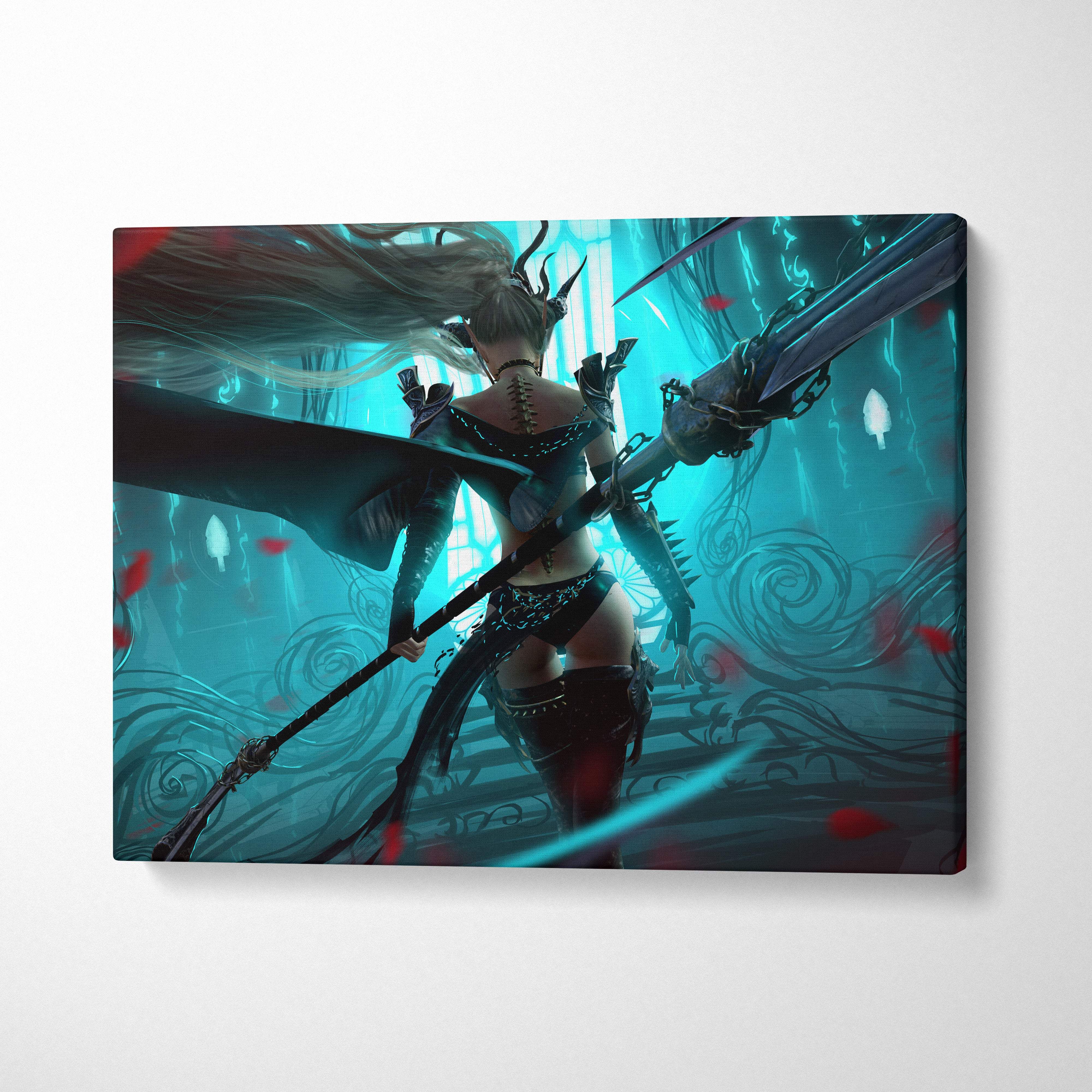 Dark fantasy warrior canvas wall art featuring a blonde warrior in black armor with dual blades on teal background