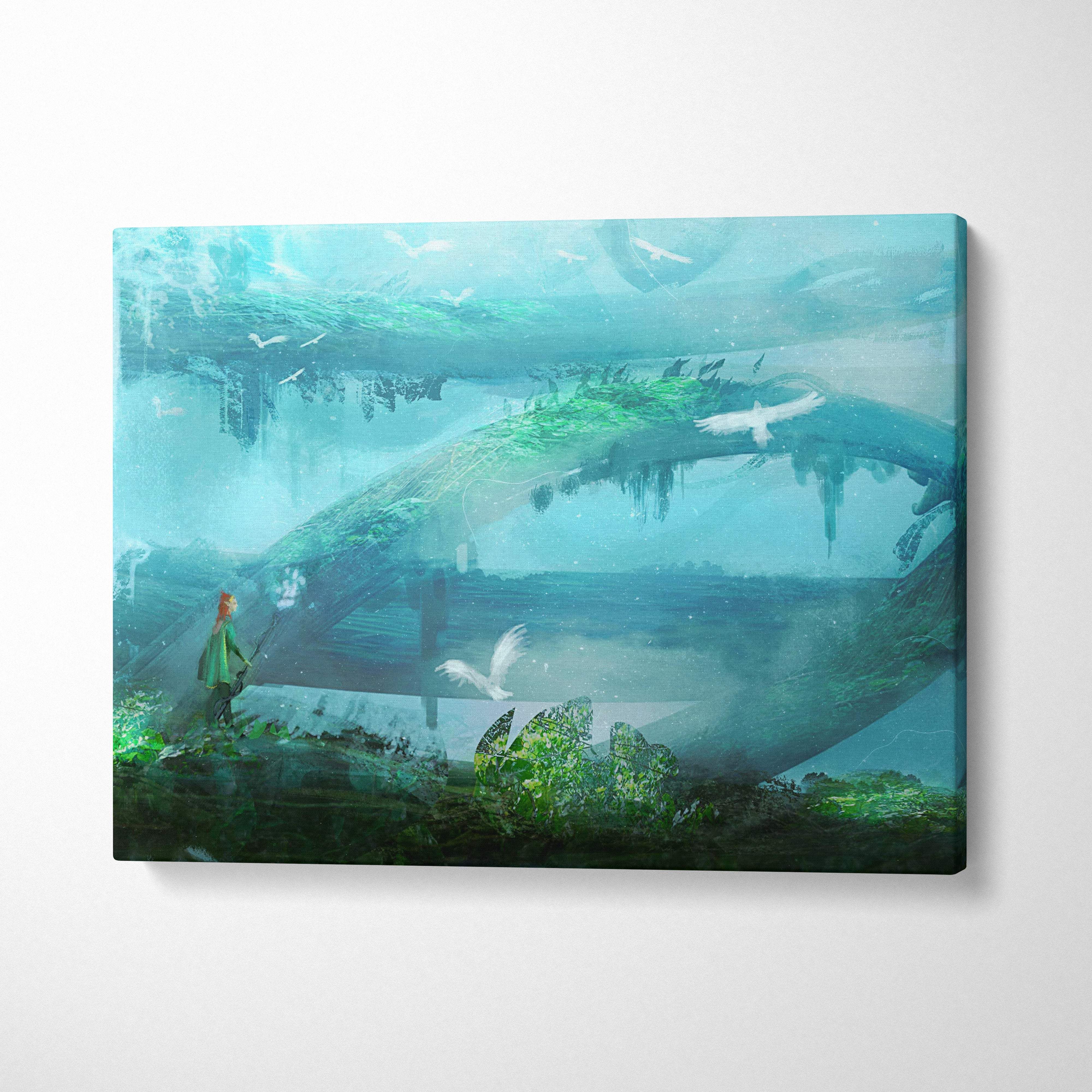Fantasy tree world canvas print featuring a teal green misty landscape with a moss-covered bridge and white birds in flight