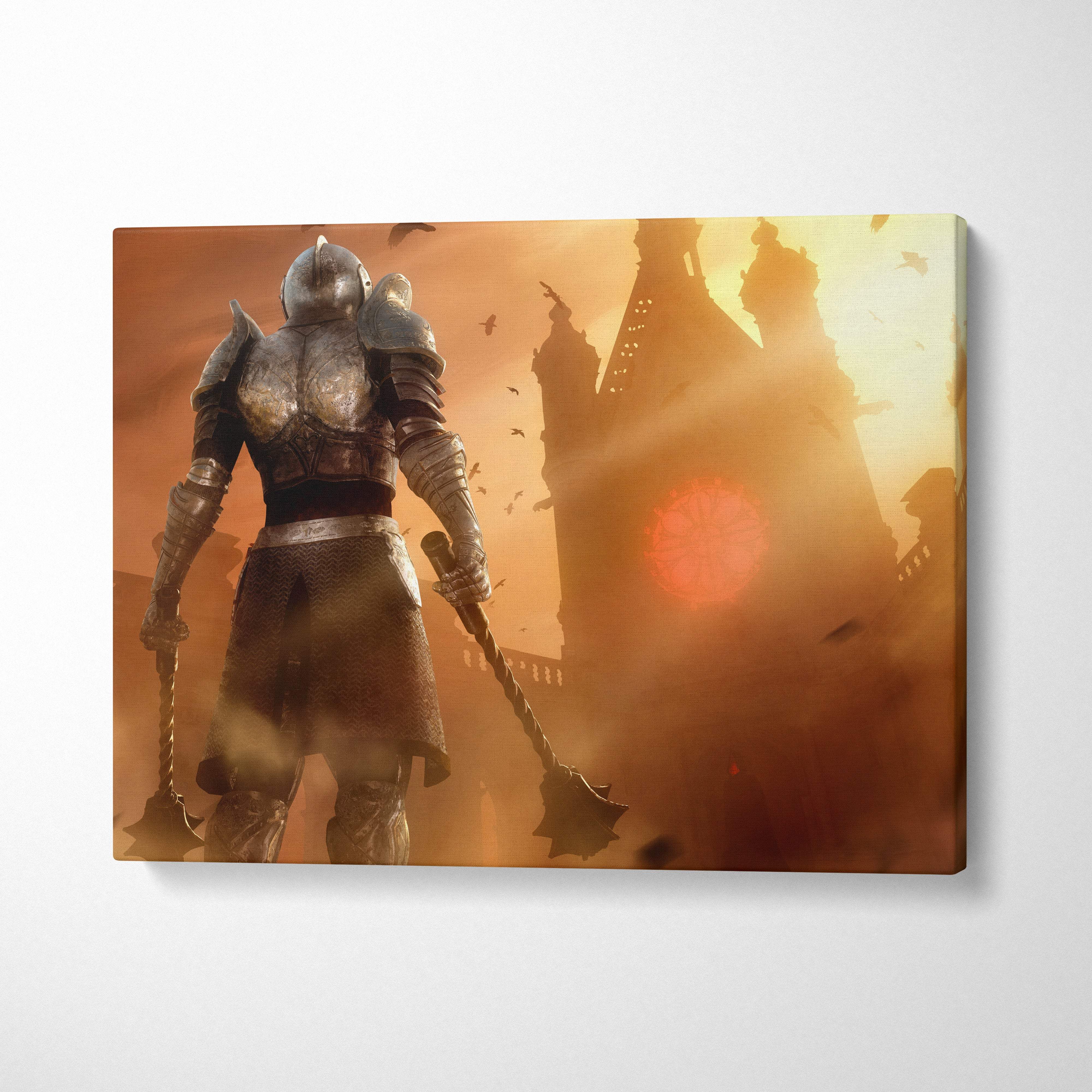 A golden sepia canvas print of a knight in metallic armor before a sunlit crumbling castle silhouette