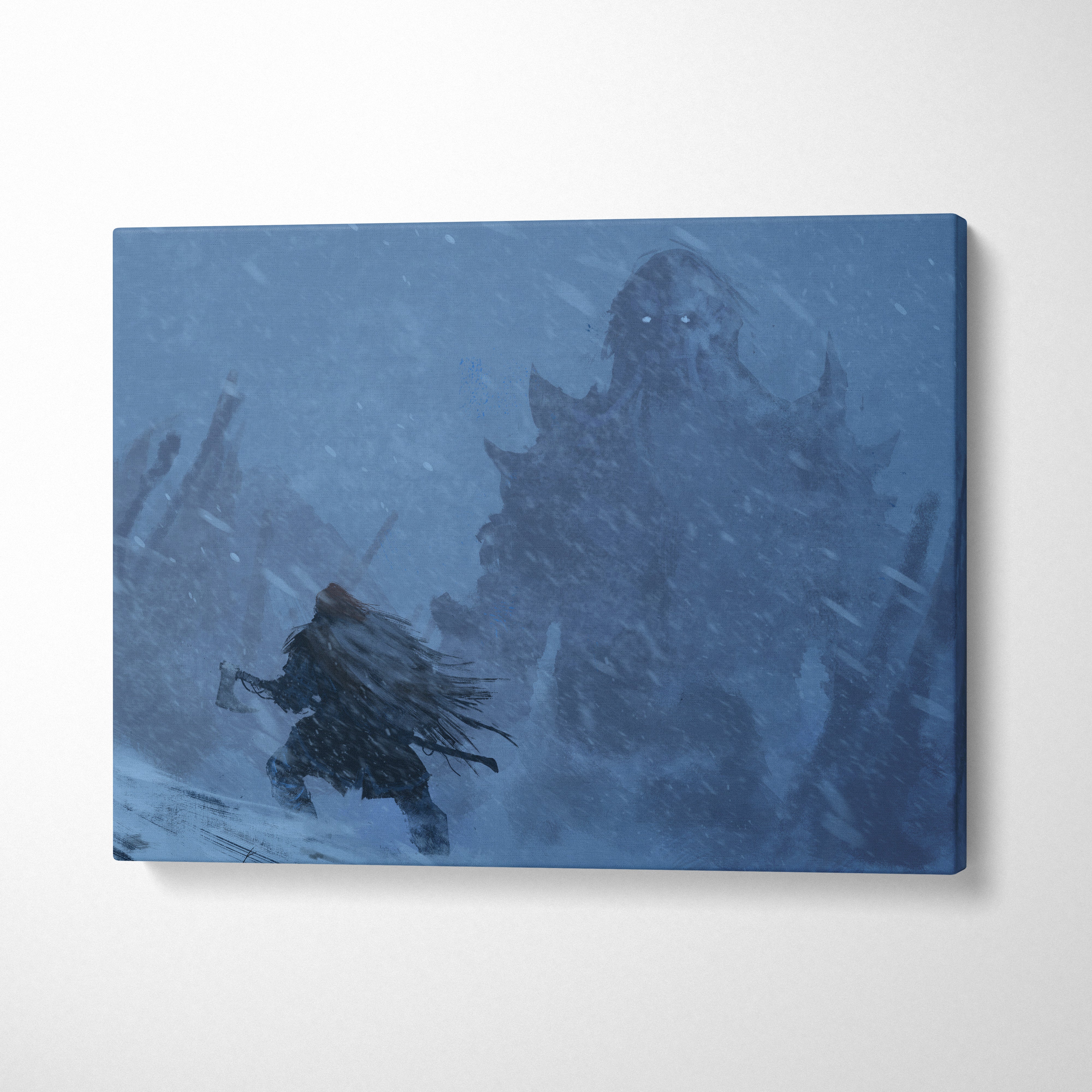 Blue canvas print of lone warrior facing snow-covered monster in stormy landscape for epic fantasy wall art decor