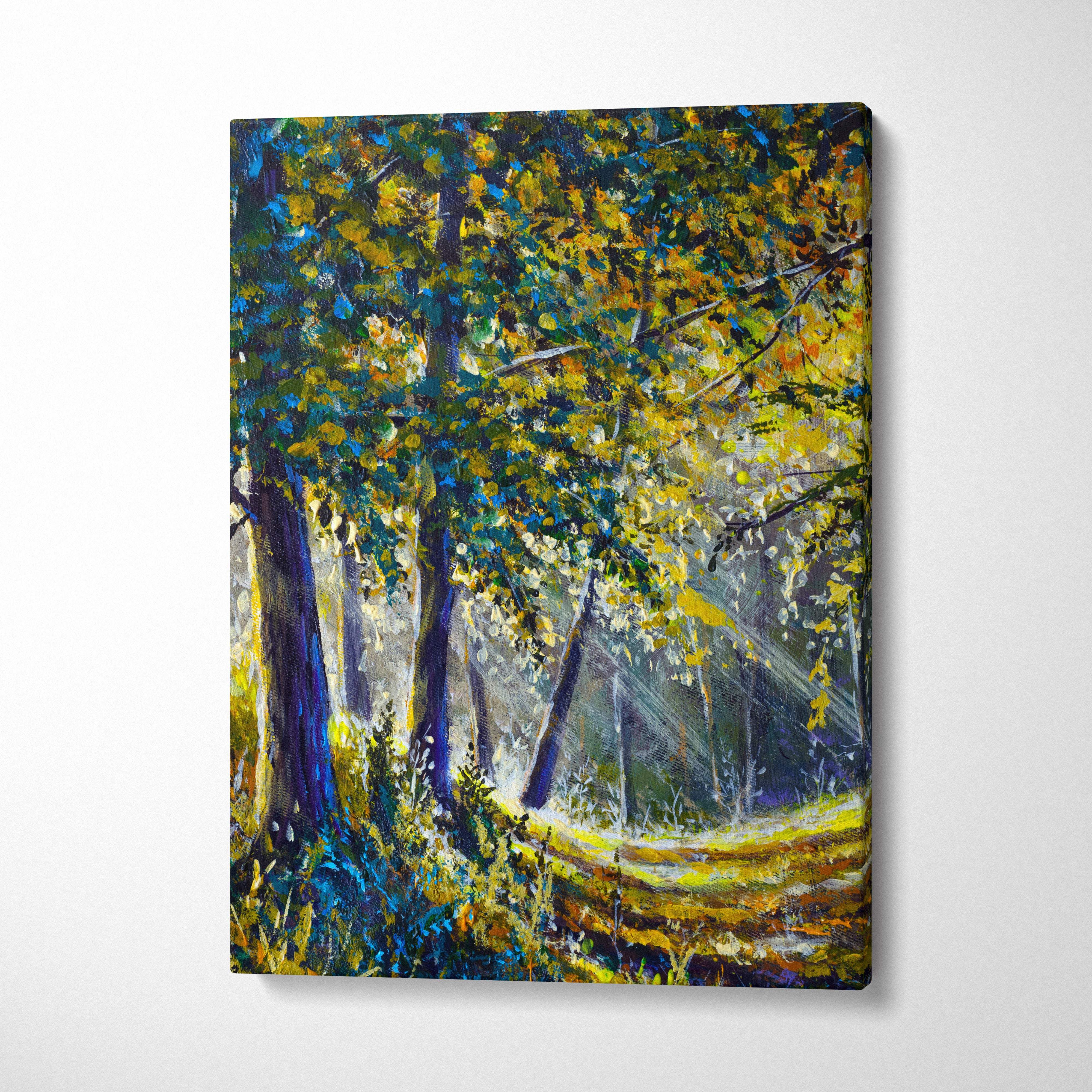Sunlit forest path canvas print featuring vibrant yellow and blue foliage with textured impressionist brushstrokes