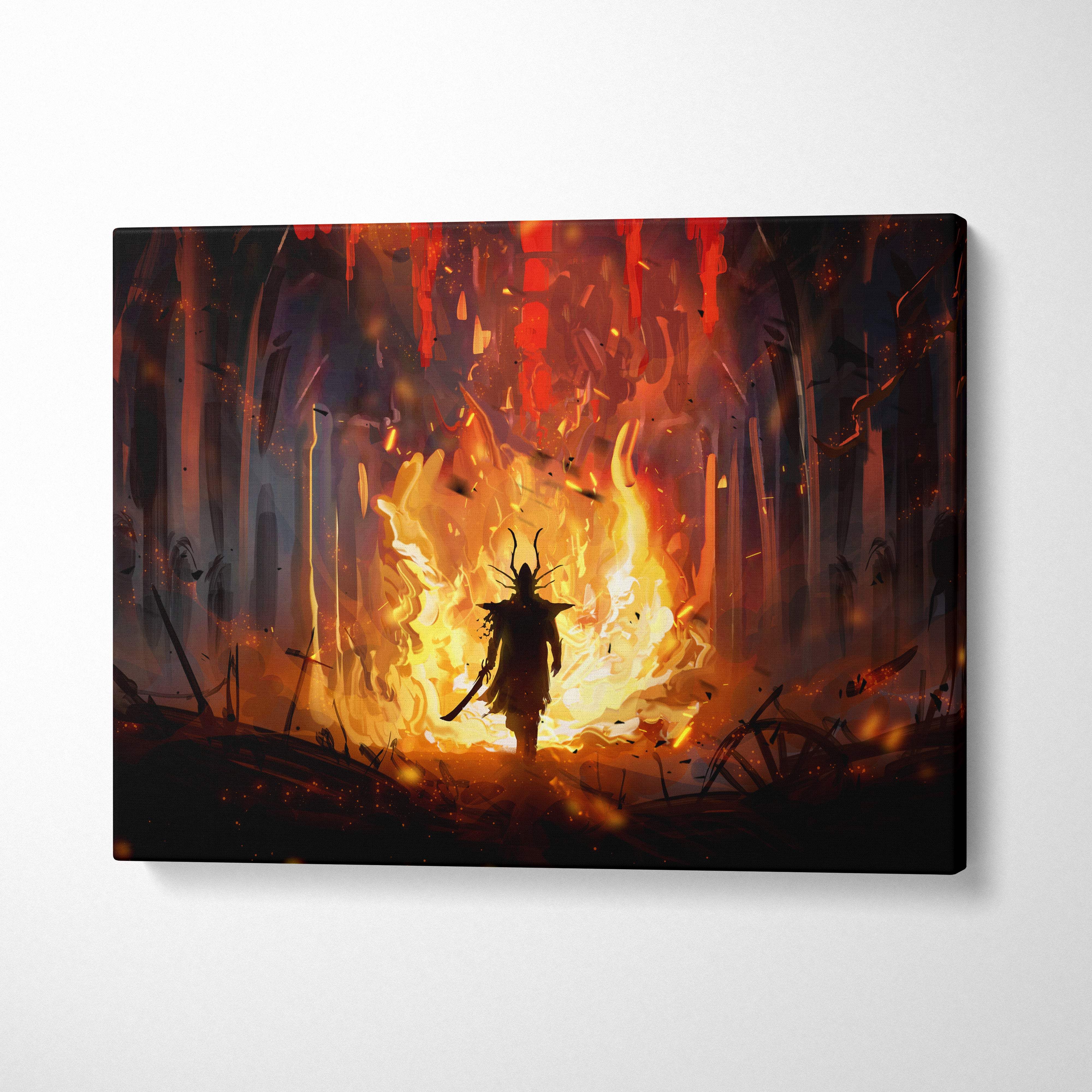 Dark fantasy inferno warrior canvas wall art showing a lone knight silhouette in fiery orange and black burning cathedral scene