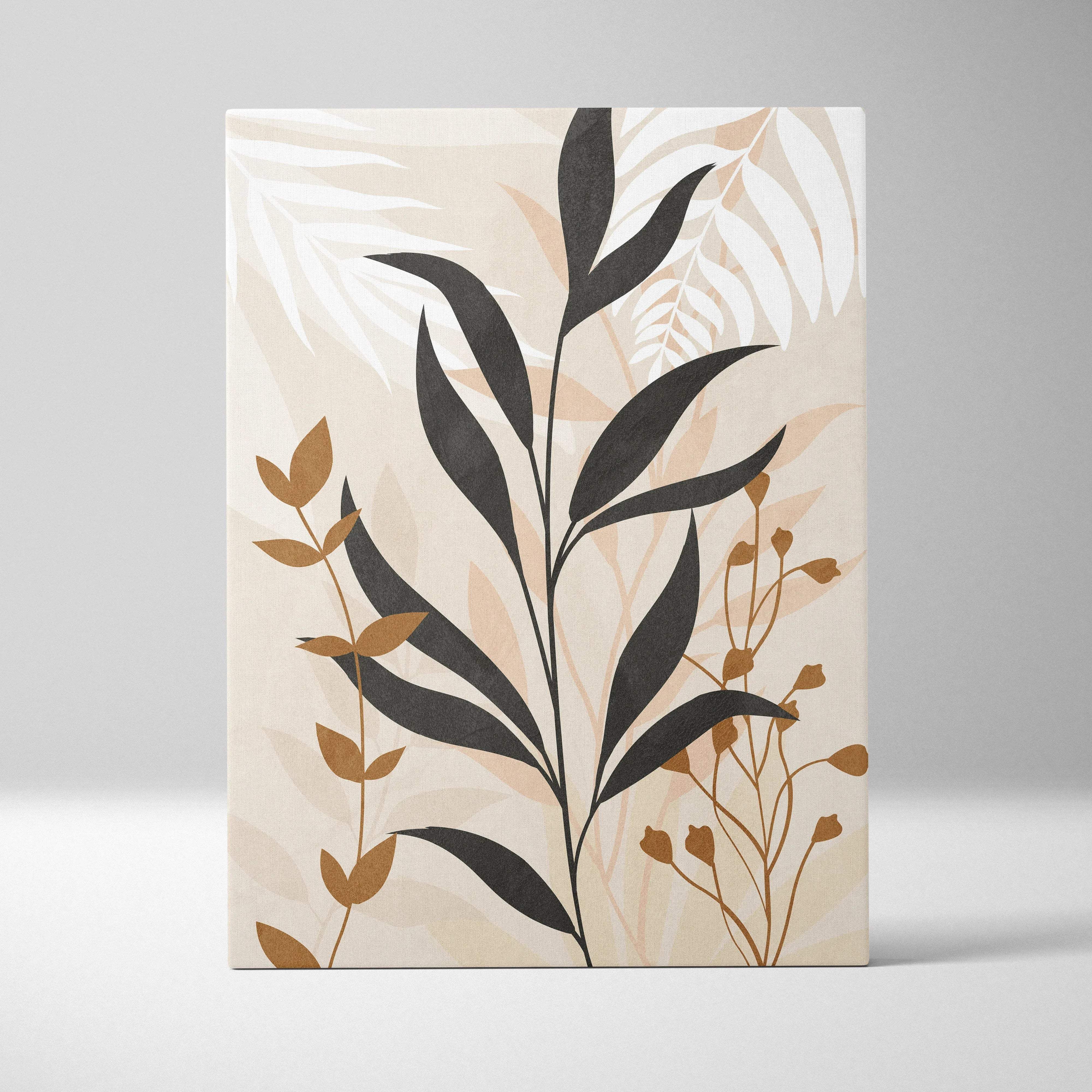 Elegant beige canvas wall art with black gold foliage on cream background