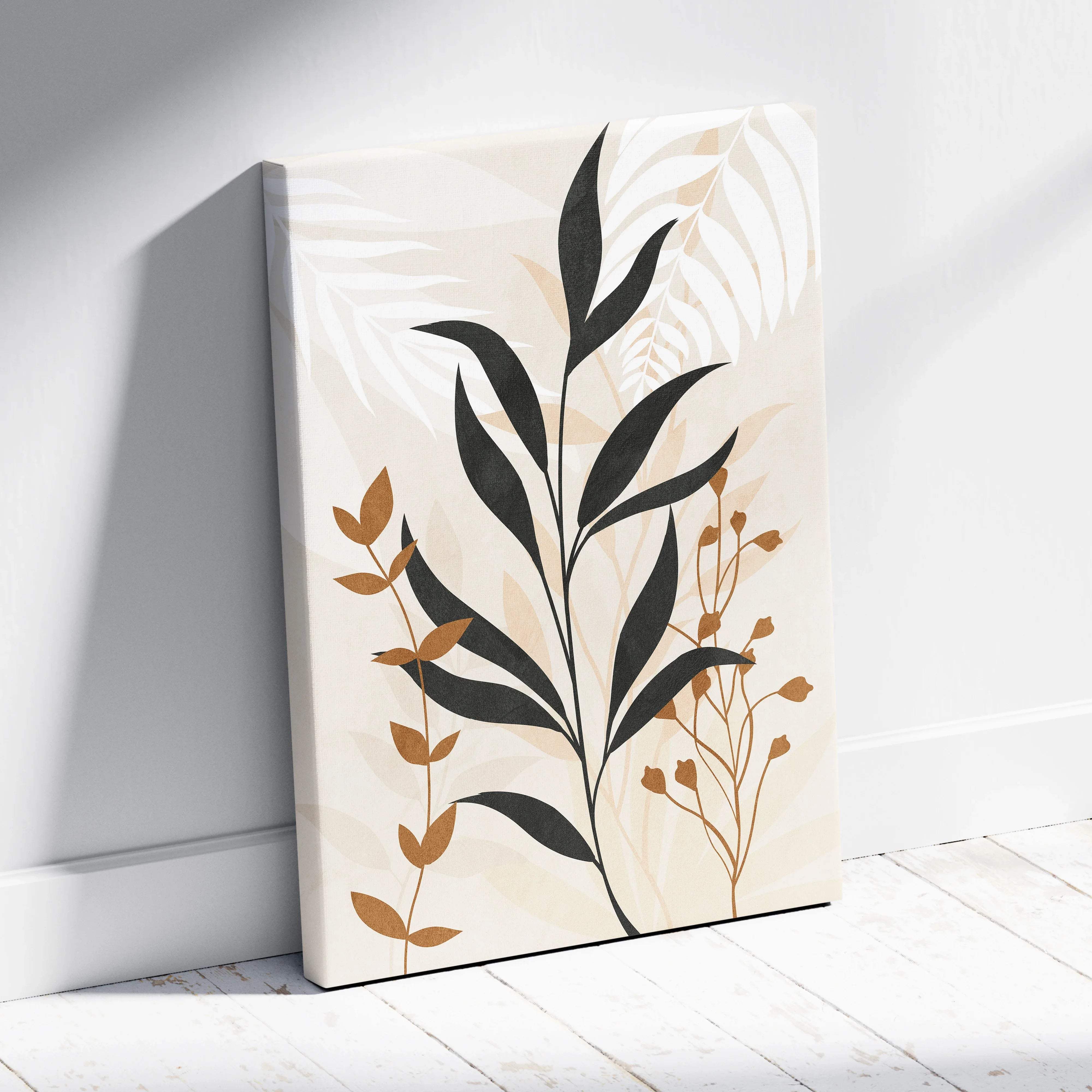 Elegant beige canvas wall art with black gold layered leafy botanicals