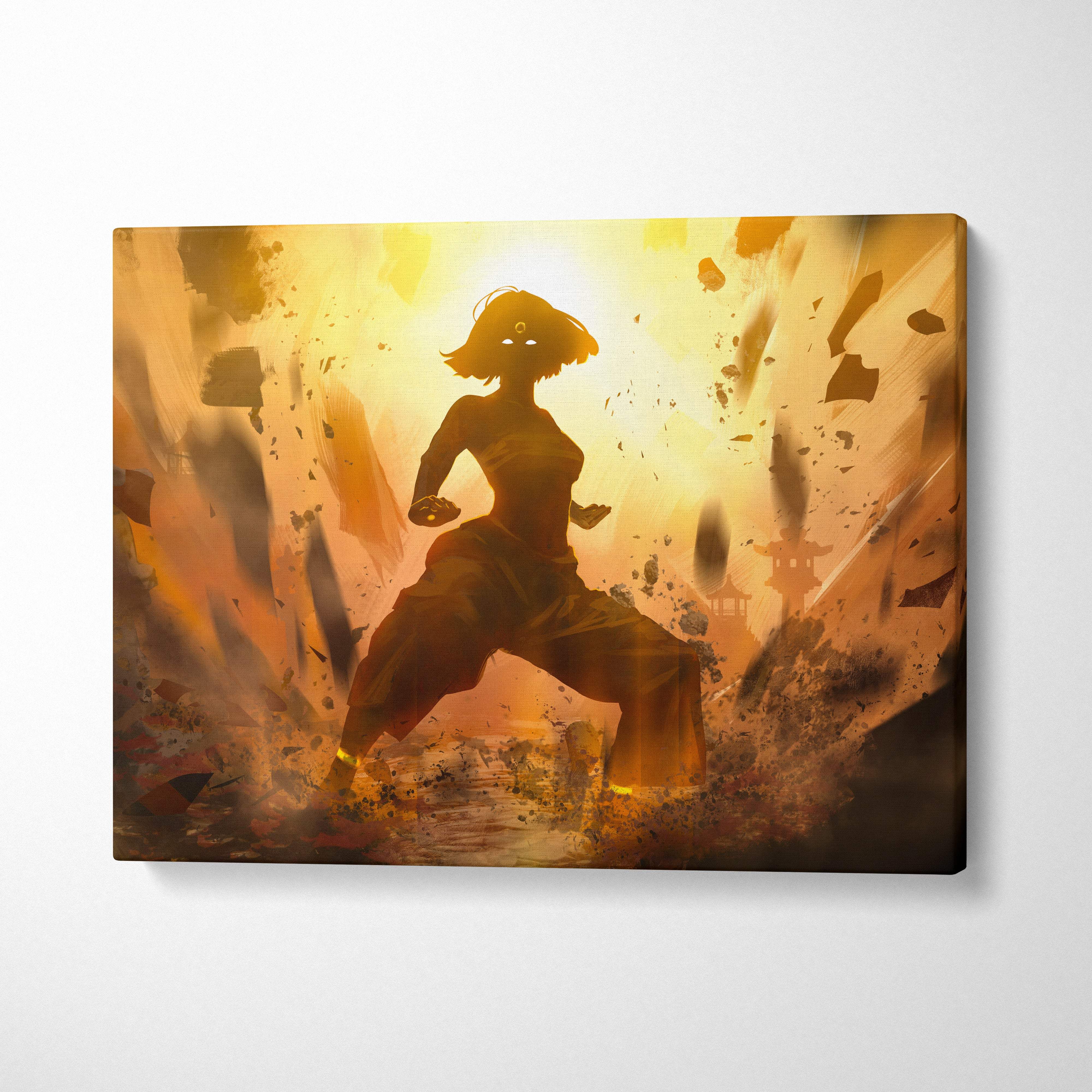 A vibrant canvas print of an epic anime warrior in golden orange with dynamic pose and pagoda silhouettes background