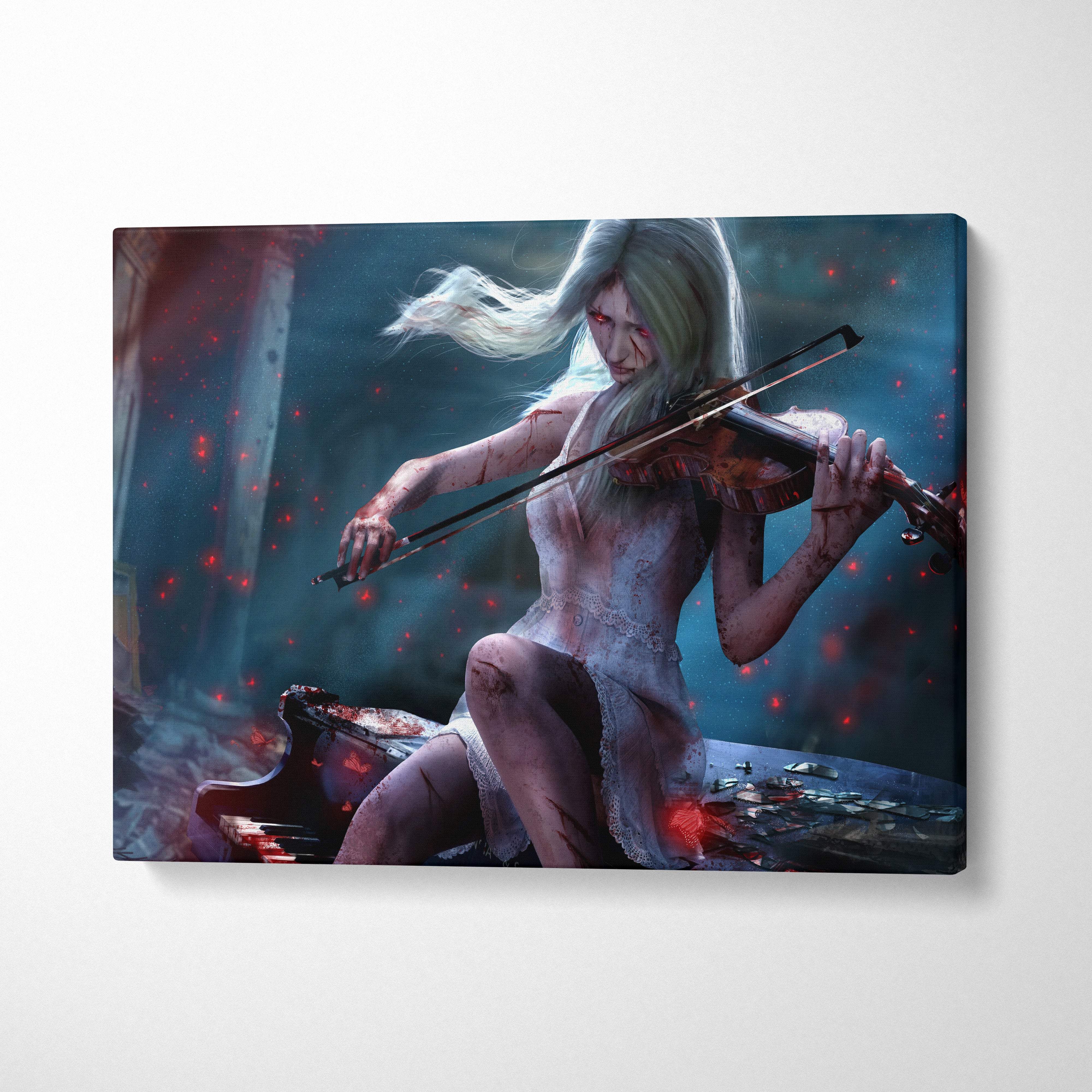 Dark gothic violinist canvas art of a pale zombie-like woman with long white hair playing violin in moody dark setting