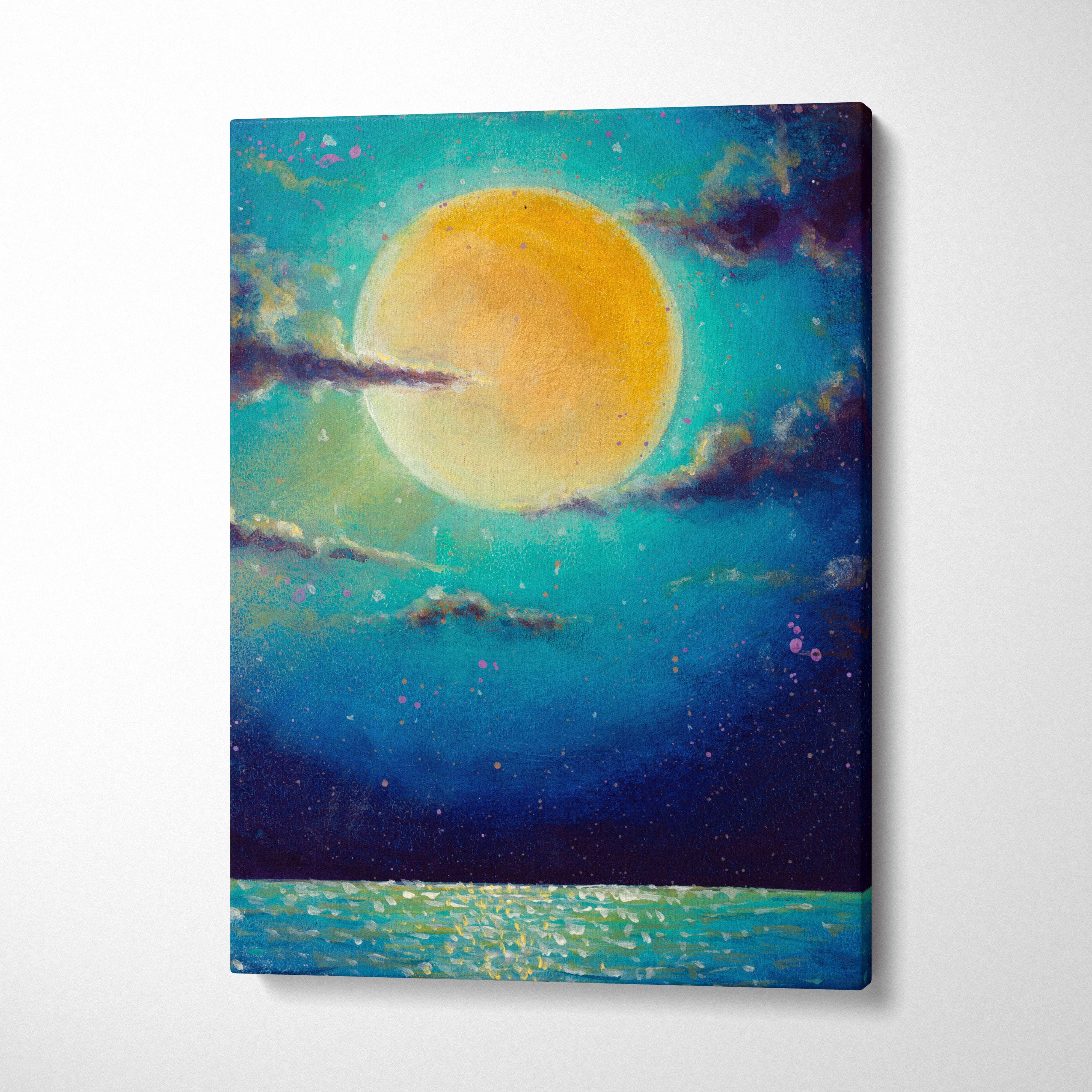 Vibrant canvas painting of a glowing golden moon over calm turquoise sea with teal and deep blue sky and starry clouds