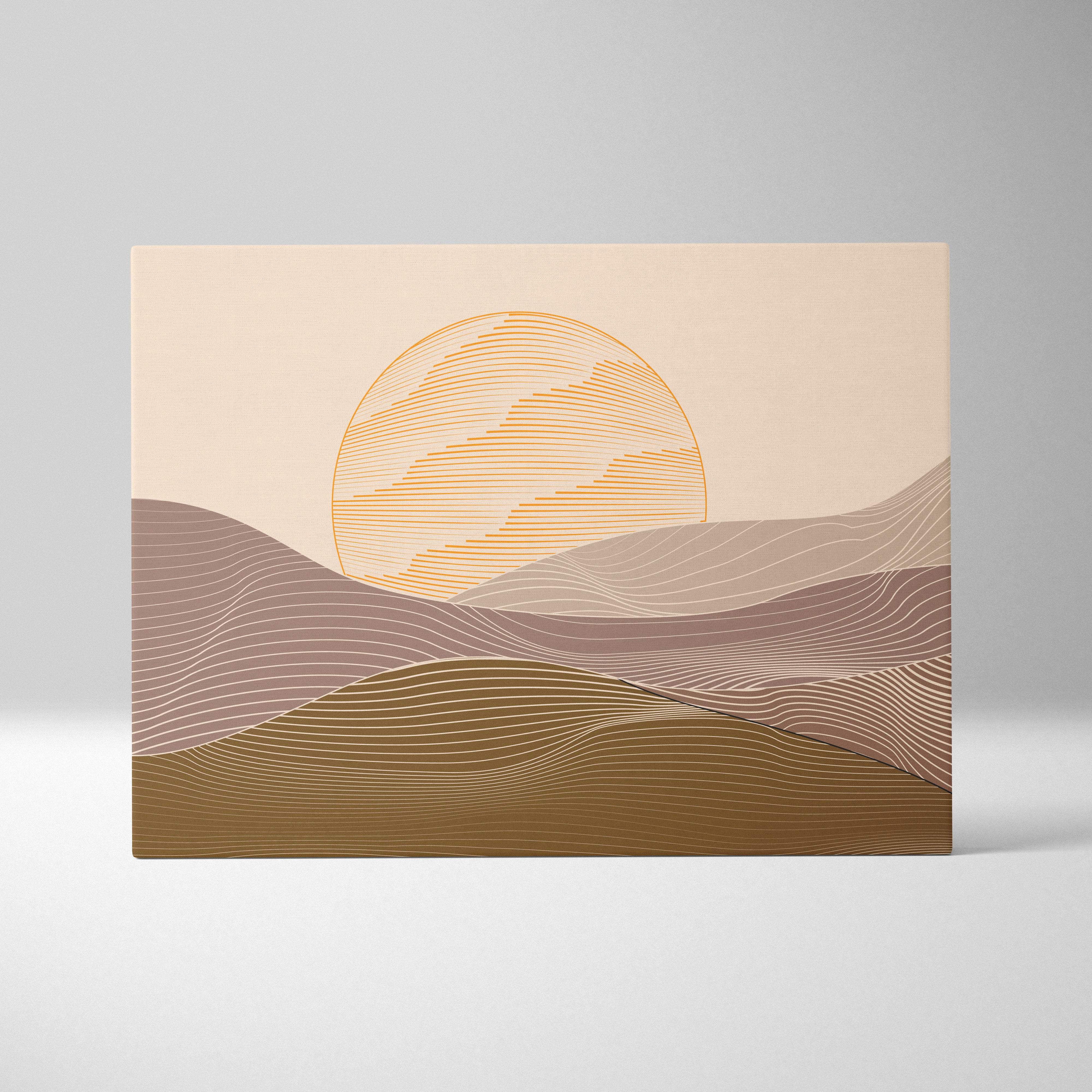 Beige canvas wall art featuring a minimalist sun over layered wavy hills in warm earth tones with fine line detailing