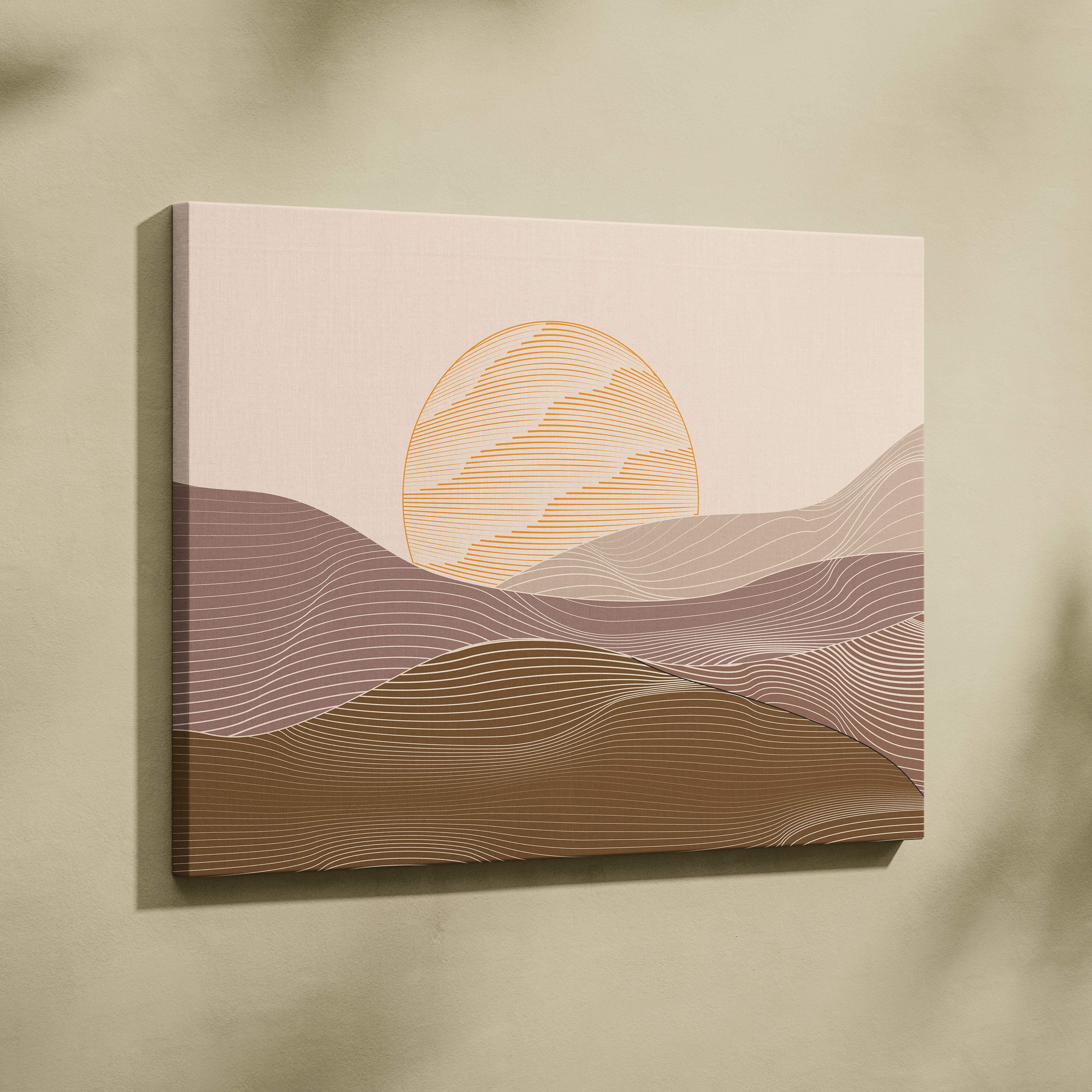 Boho desert sunrise canvas wall art with stylized sun over wavy hills in neutral beige taupe and warm brown tones
