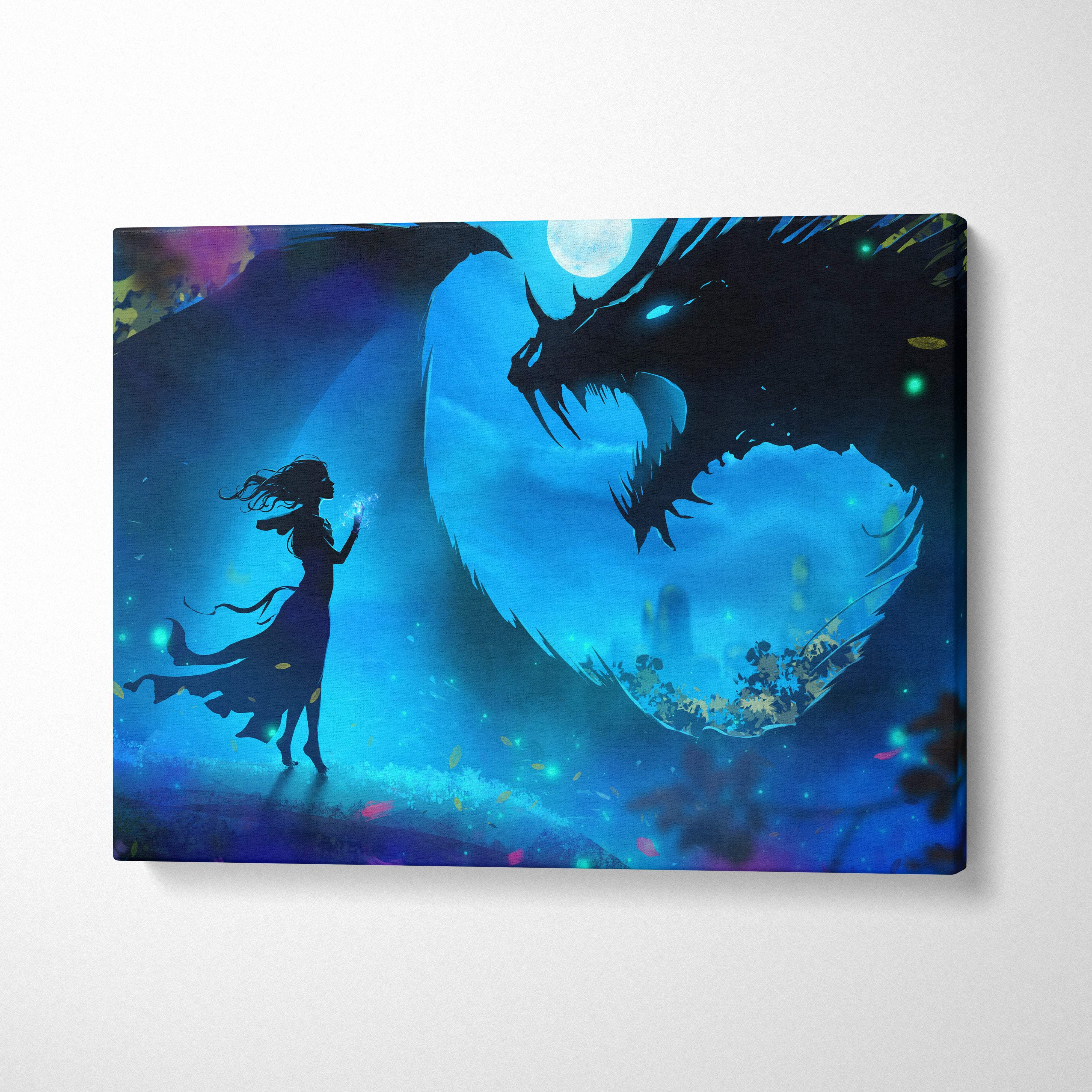 Moonlit dragon encounter canvas art with blue fantasy scene of woman silhouette facing large dragon under full moon