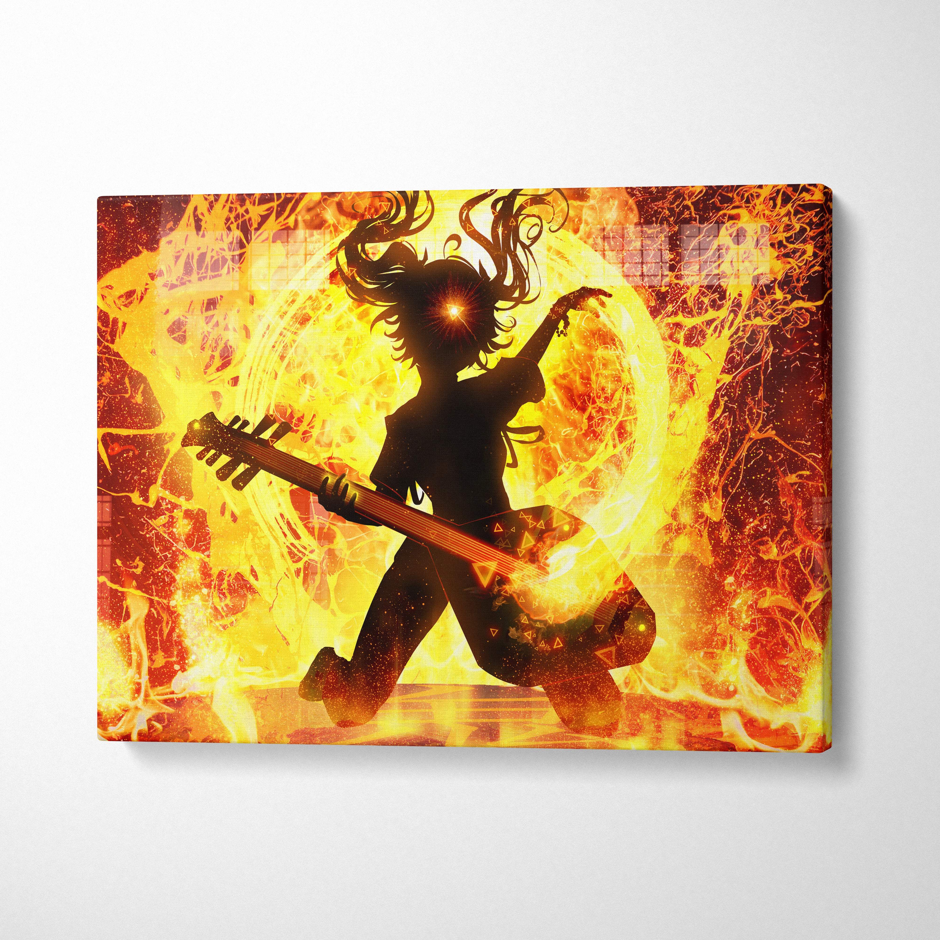Fiery rock guitarist canvas art featuring vibrant orange and yellow flame-themed anime-style electric guitarist silhouette