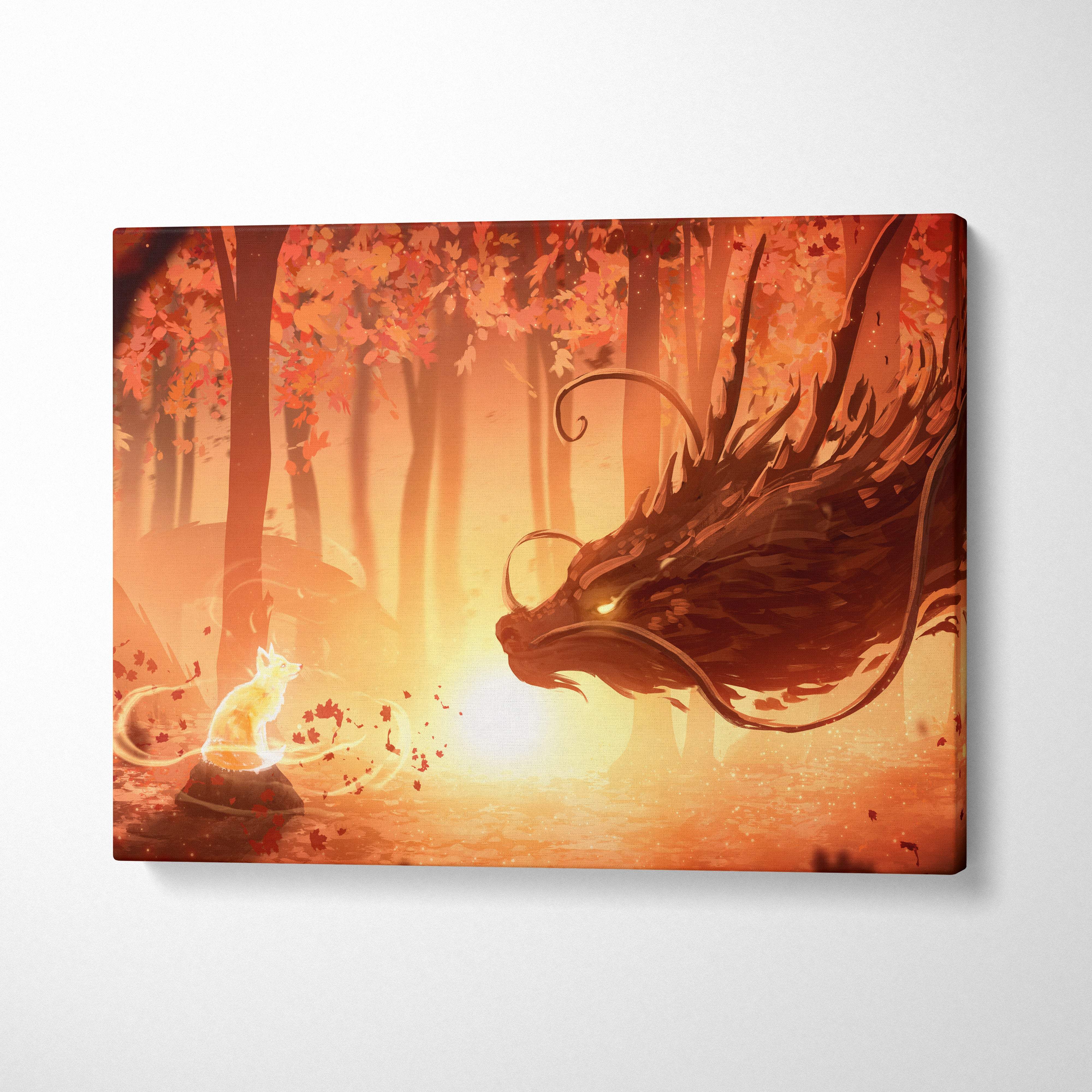 Rectangular canvas print of a glowing white fox facing a dark fiery dragon in a warm autumn forest landscape
